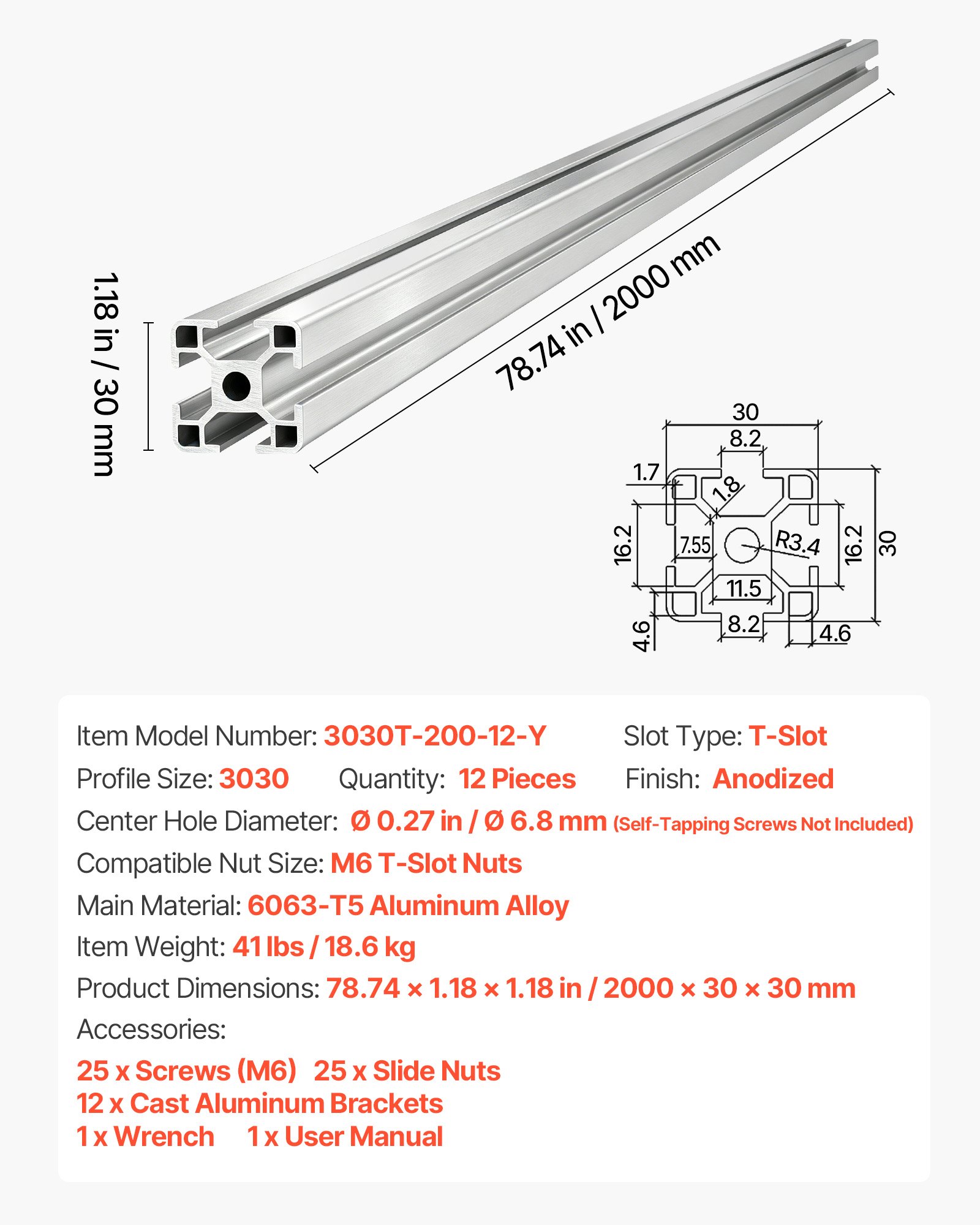 VEVOR 12PCS 3030 Aluminum Extrusion Profile, 78.74 Inch 2000 mm, T Slot European Standard Anodized Linear Rail, High-Strength Extruded Aluminum Rail, for 3D Printer Parts and CNC DIY Workbench, Silver