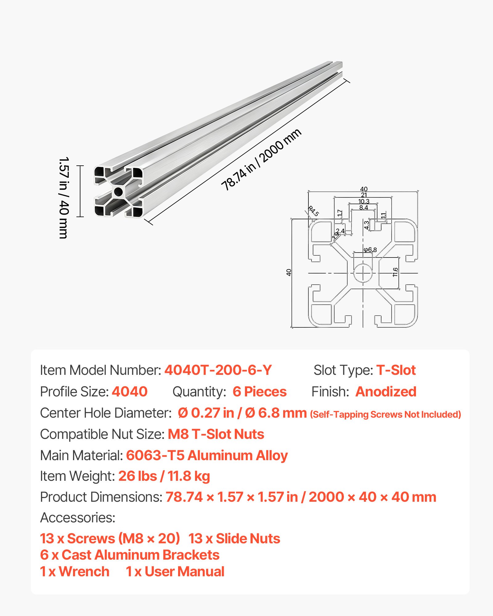 VEVOR 6PCS 4040 Aluminum Extrusion Profile, 78.74 Inch 2000 mm, T Slot European Standard Anodized Linear Rail, High-Strength Extruded Aluminum Rail, for 3D Printer Parts and CNC DIY Workbench, Silver