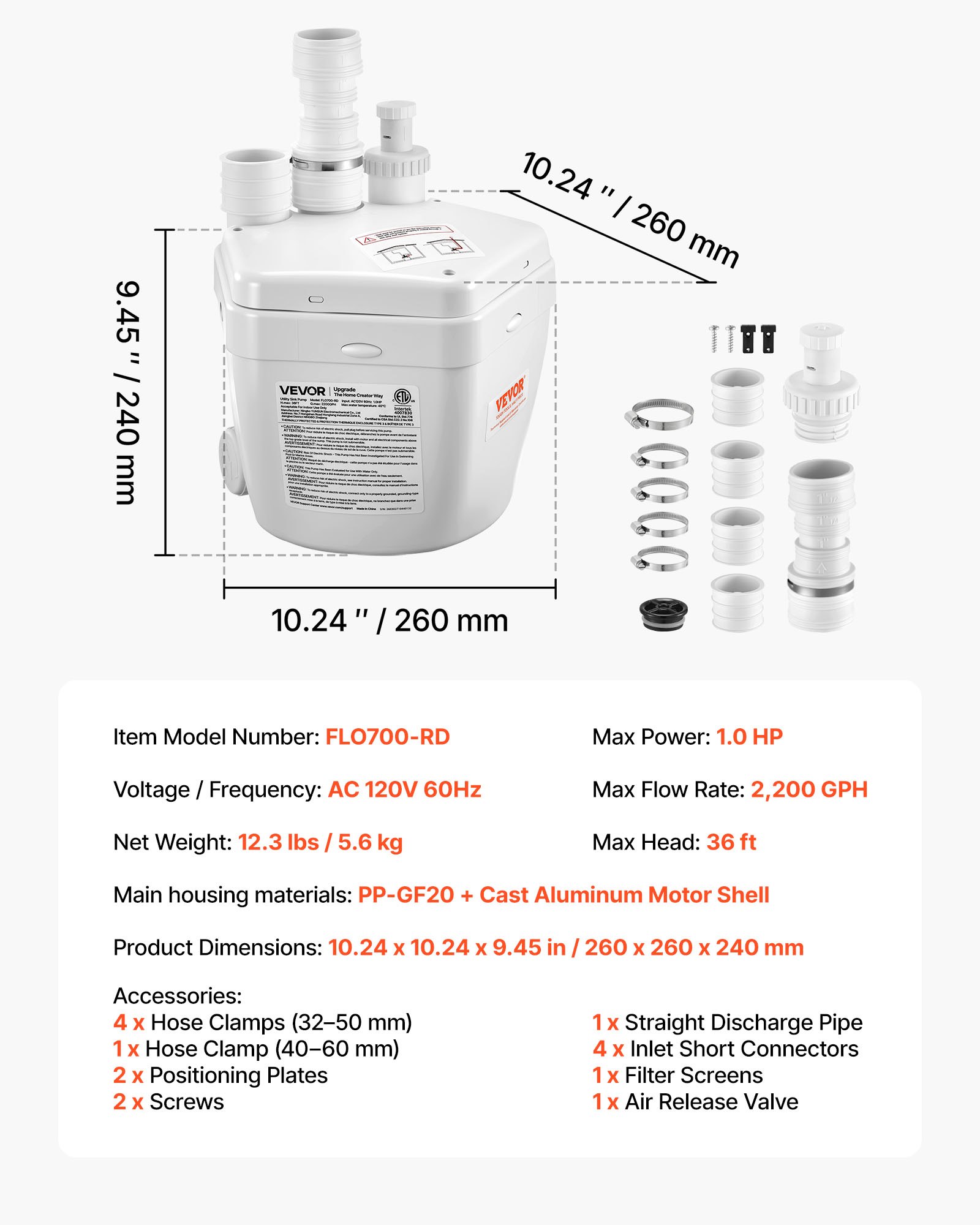 VEVOR Utility Sink Pump, 1 HP, 2200 GPH Under Sink Pump with 3 Water Inlets 1 Outlet, 36 ft Max Lift, Cast Aluminum Body, with Overload Protection, for Sink Shower Wash Bin Urinal Kitchen Basement