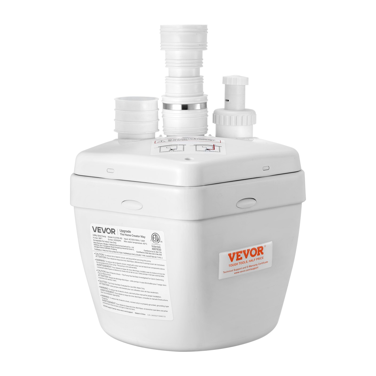 VEVOR Utility Sink Pump, 1 HP, 2200 GPH Under Sink Pump with 3 Water Inlets 1 Outlet, 36 ft Max Lift, Cast Aluminum Body, with Overload Protection, for Sink Shower Wash Bin Urinal Kitchen Basement
