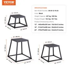 VEVOR Plyometric Jump Boxes, 12/18/24 Inch Plyo Box, Platform and Jumping Agility Box, Anti-Slip Fitness Exercise Step Up Box Set for Home Gym Training, Conditioning Strength Training, Black