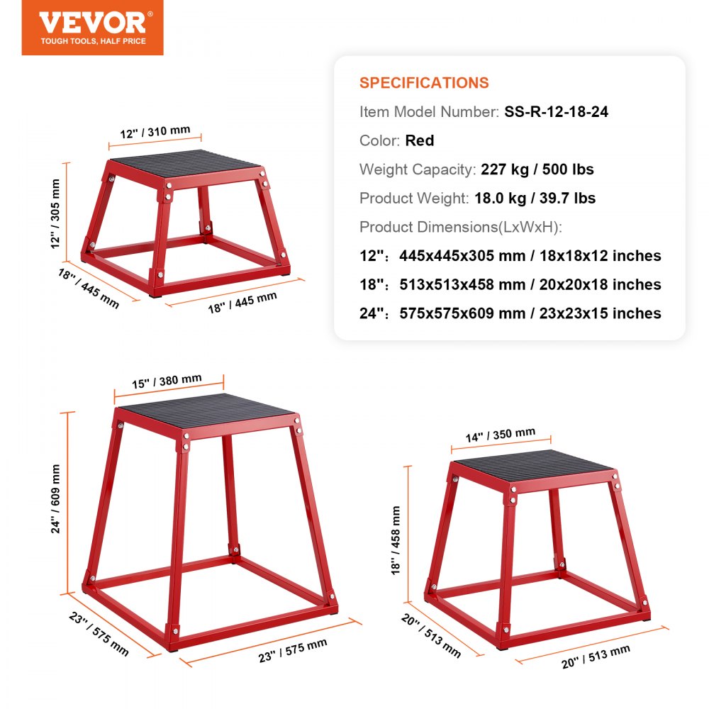 VEVOR Plyometric Jump Boxes, 12/18/24 Inch Plyo Box, Platform and Jumping Agility Box, Anti-Slip Fitness Exercise Step Up Box Set for Home Gym Training, Conditioning Strength Training, Red
