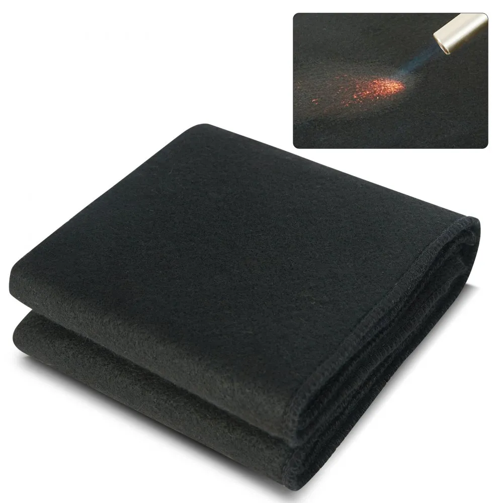 folded black VEVOR welding blanket with blowtorch showing heat resistance in top corner inset.