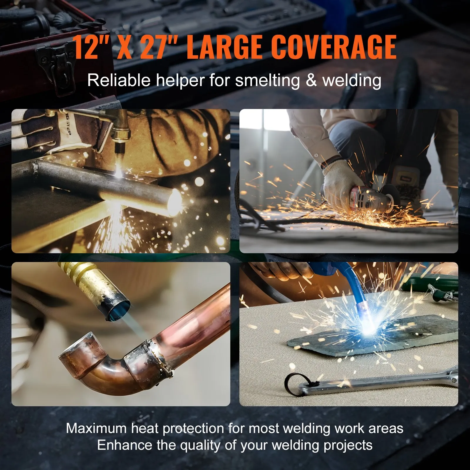 welding work with sparks and flames showing the VEVOR welding blanket in action, providing heat protection.