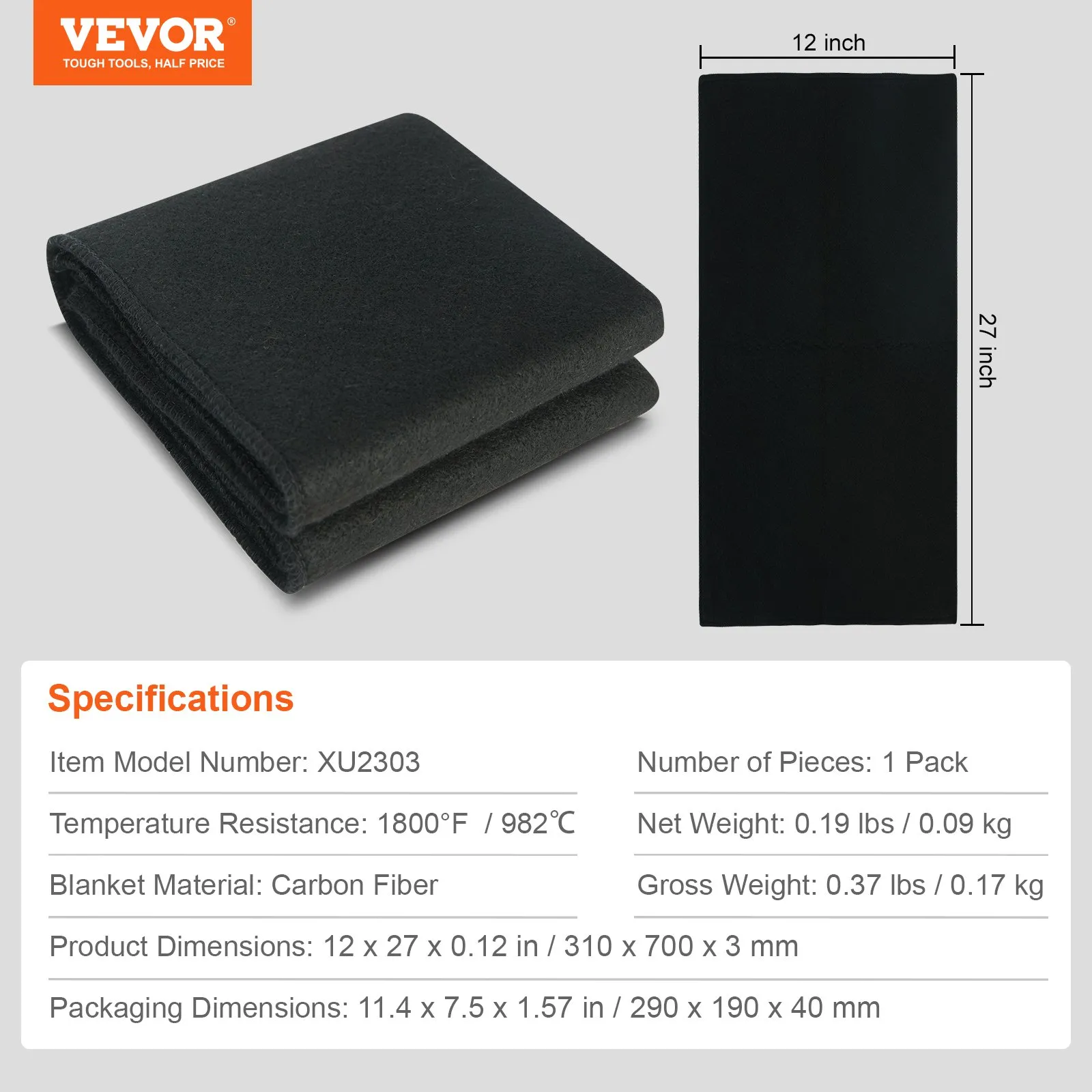 VEVOR welding blanket, carbon fiber, 12x27 inches, 1800°f resistance, lightweight and durable.
