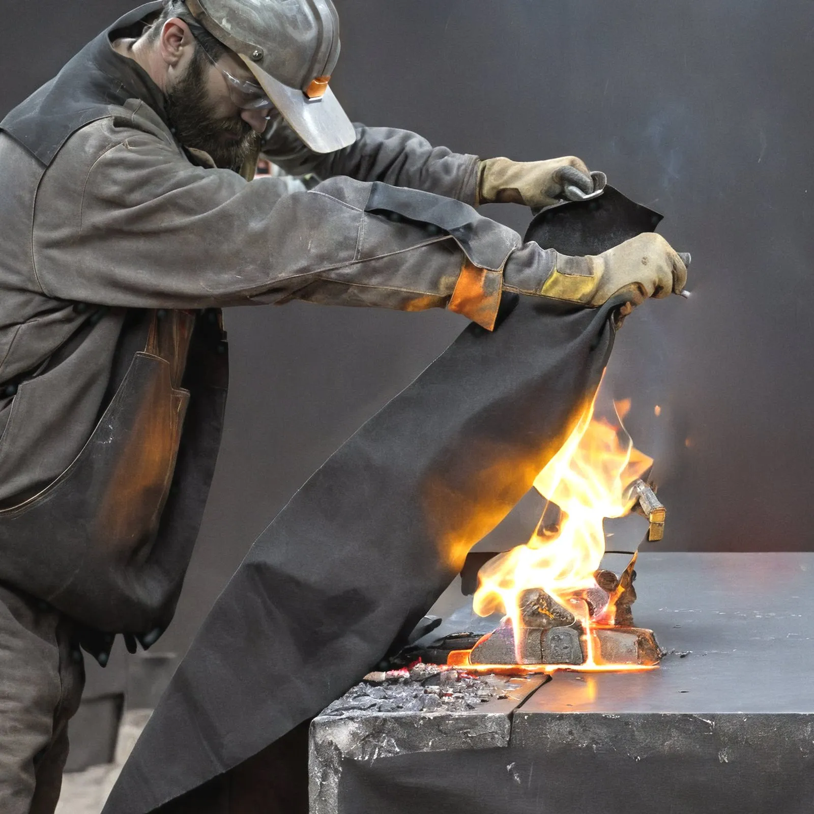 worker using VEVOR welding blanket to cover a fire on a metal surface, showcasing heat resistance.