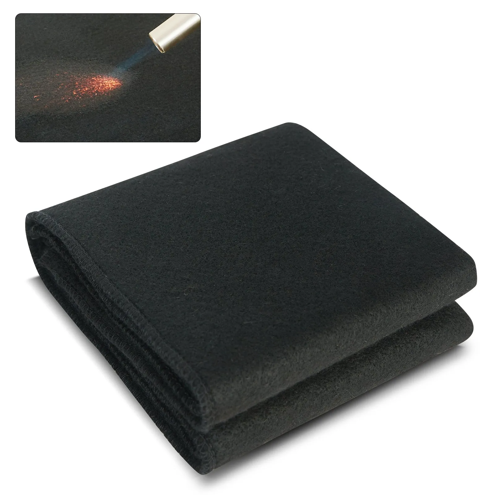 VEVOR welding blanket, black, folded with close-up of flame resistance in the corner.