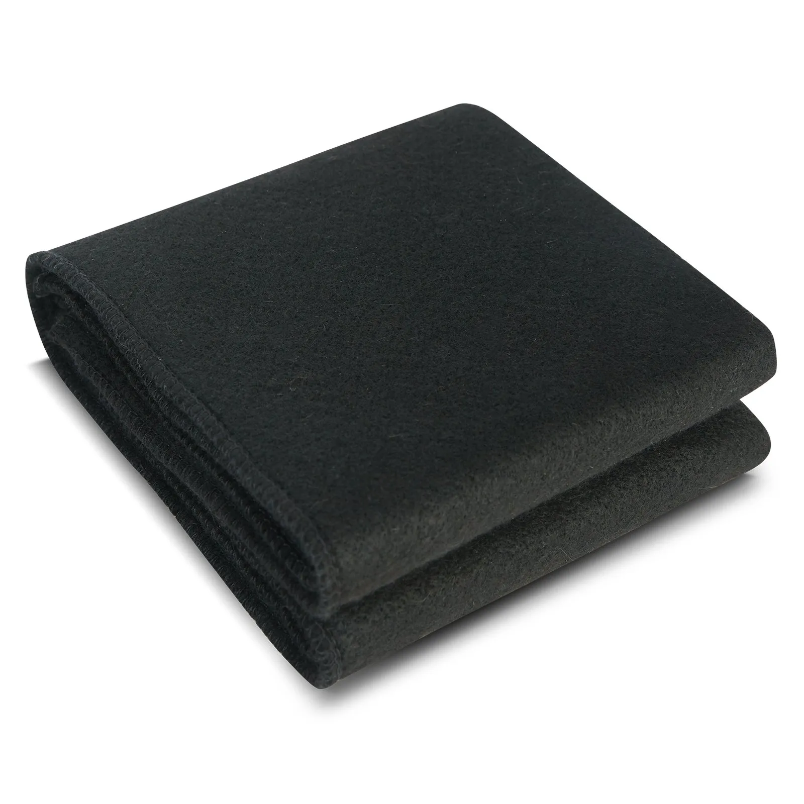 folded black VEVOR welding blanket on white background. durable and fire-resistant material.