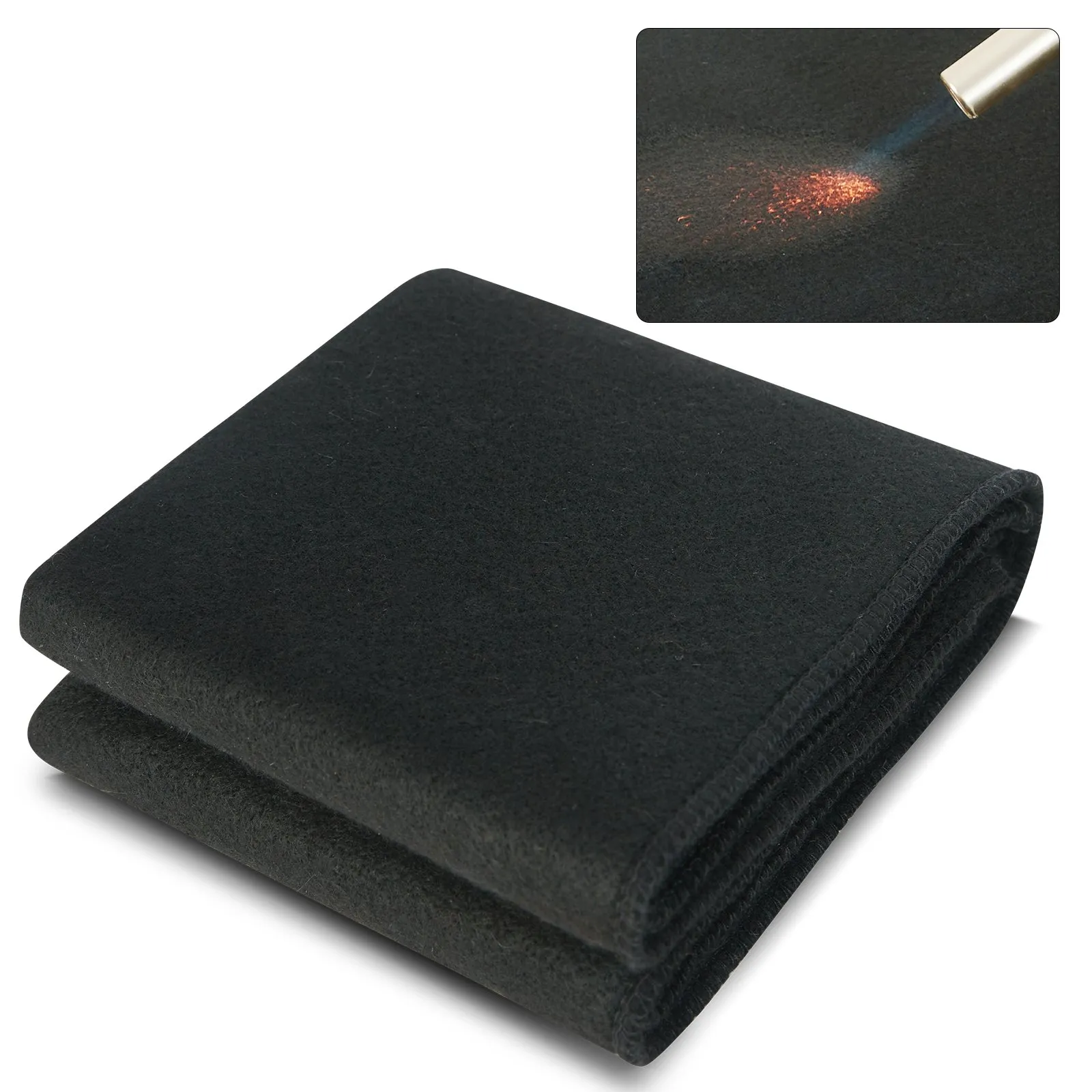 folded black VEVOR welding blanket with blowtorch showing heat resistance in top corner inset.