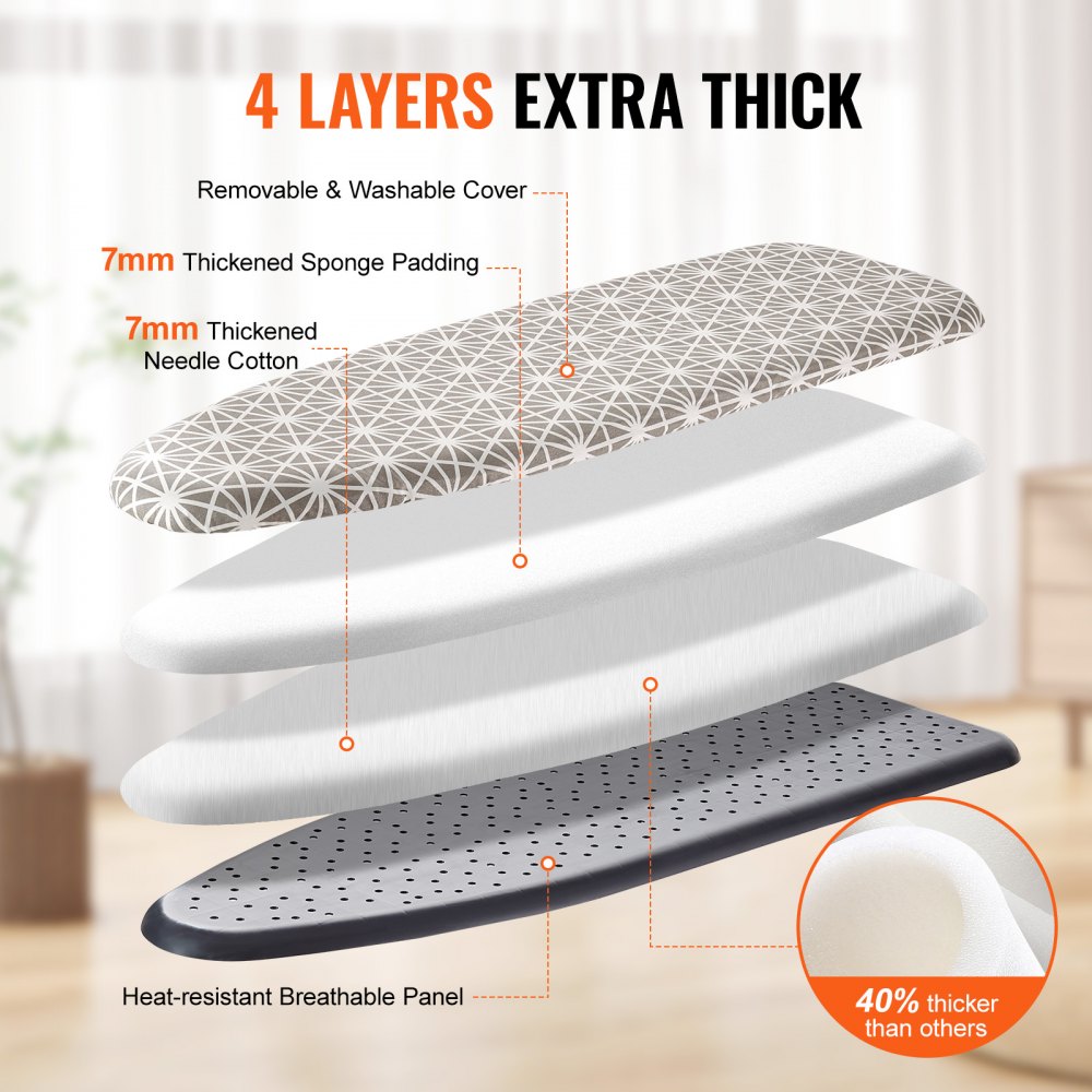 VEVOR Ironing Board with Large 51 x 13 Ironing Surface, Thickened 4 Layers Iron Board with Heat Resistant Cover and 100% Cotton Cover, 7 Adjustable Heights Ironing Board for Home Laundry Room Use