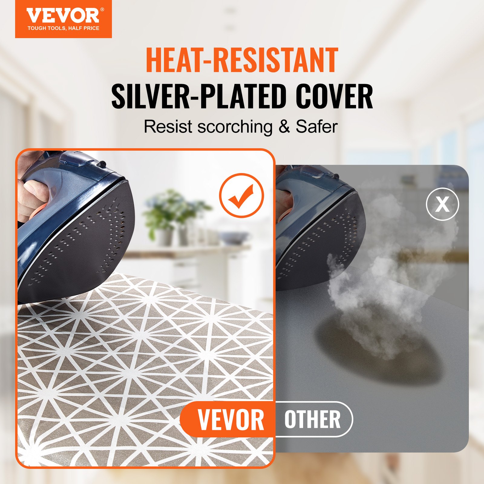 VEVOR Ironing Board with Large 51 x 13 Ironing Surface, Thickened 4 Layers Iron Board with Heat Resistant Cover and 100% Cotton Cover, 7 Adjustable Heights Ironing Board for Home Laundry Room Use