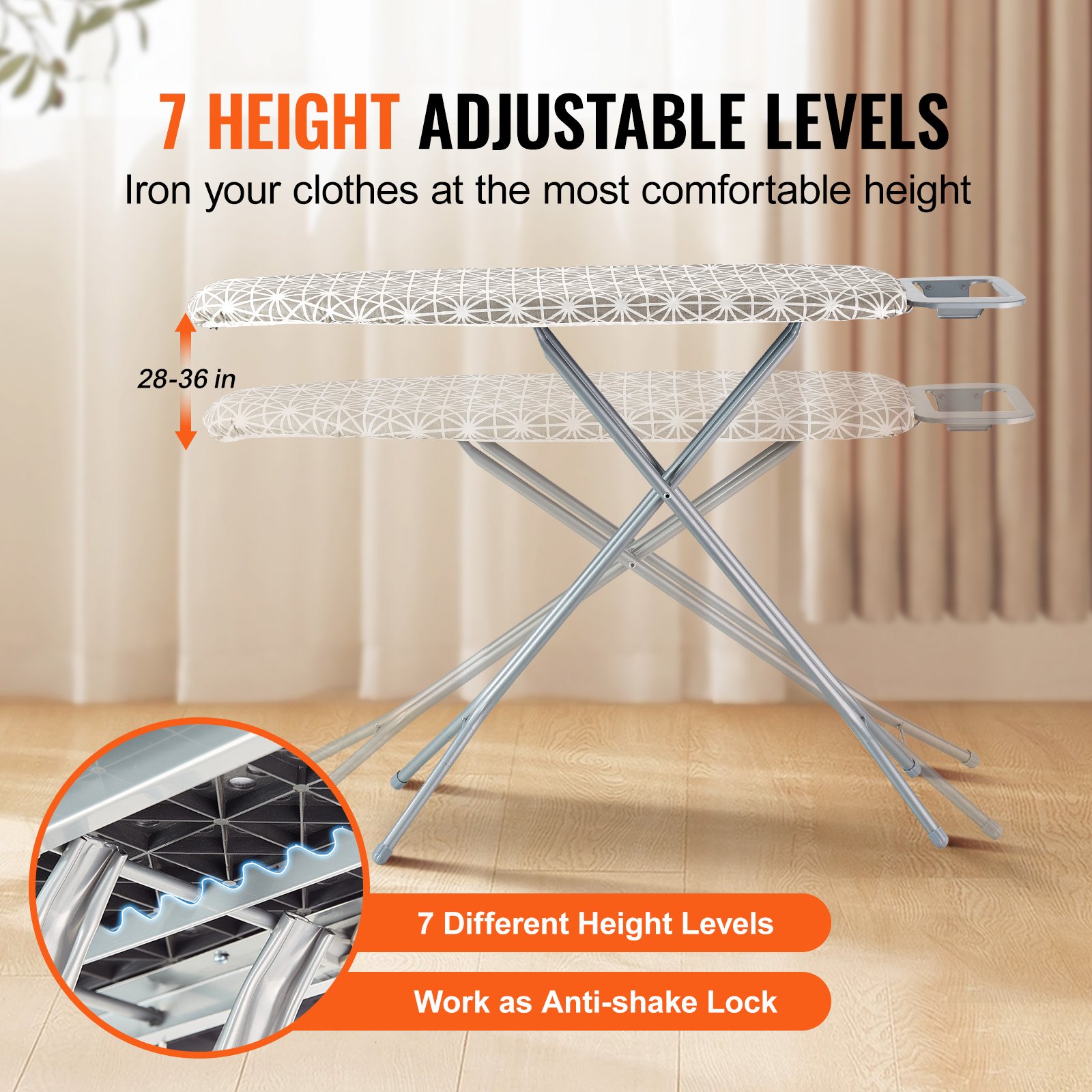 VEVOR Ironing Board with Large 51 x 13 Ironing Surface, Thickened 4 Layers Iron Board with Heat Resistant Cover and 100% Cotton Cover, 7 Adjustable Heights Ironing Board for Home Laundry Room Use