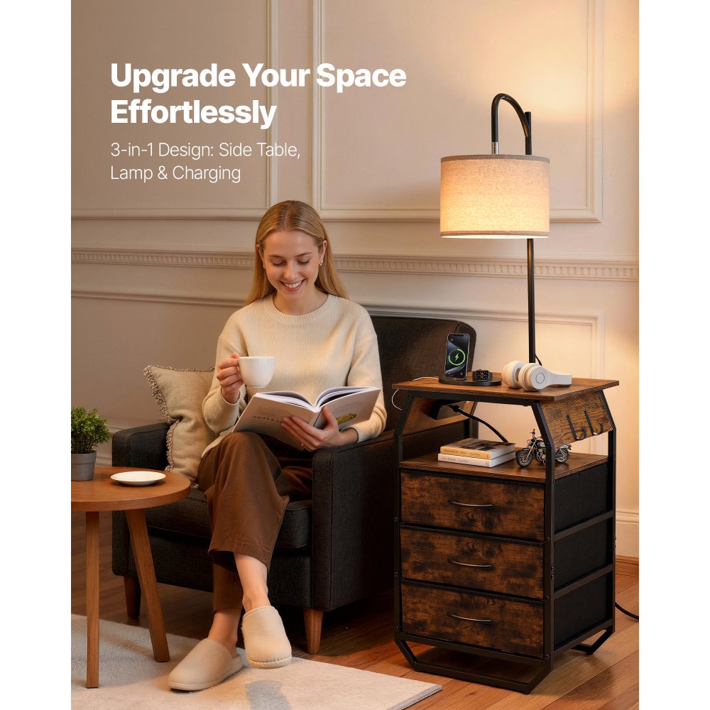 VEVOR Floor Lamp with Table, 2-Tier End Table with 3 Drawers and 3 Color Temperature Lighting, Modern Side Nightstand Bedside Desk with USB & Type C & AC Charging Port for Living Room, Bedroom, Dorm