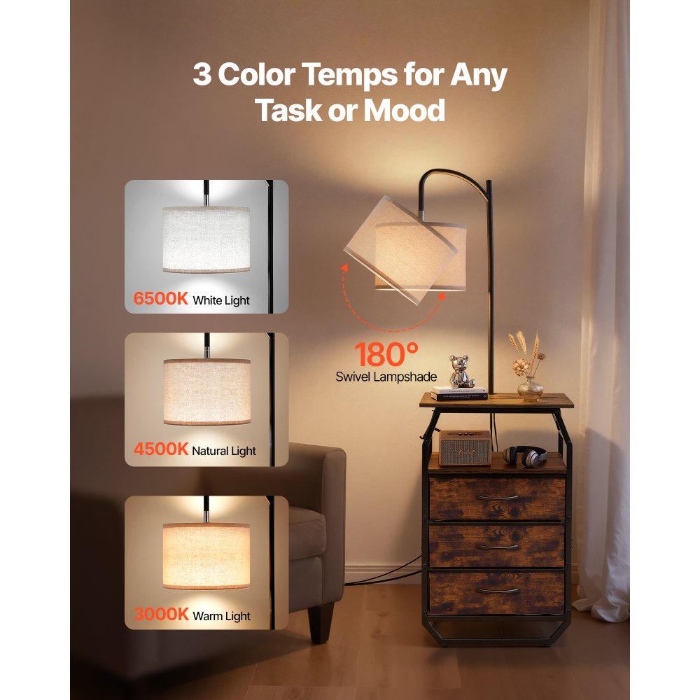 VEVOR Floor Lamp with Table, 2-Tier End Table with 3 Drawers and 3 Color Temperature Lighting, Modern Side Nightstand Bedside Desk with USB & Type C & AC Charging Port for Living Room, Bedroom, Dorm