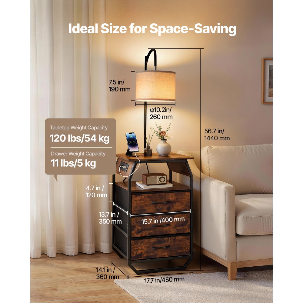 VEVOR Floor Lamp with Table, 2-Tier End Table with 3 Drawers and 3 Color Temperature Lighting, Modern Side Nightstand Bedside Desk with USB & Type C & AC Charging Port for Living Room, Bedroom, Dorm