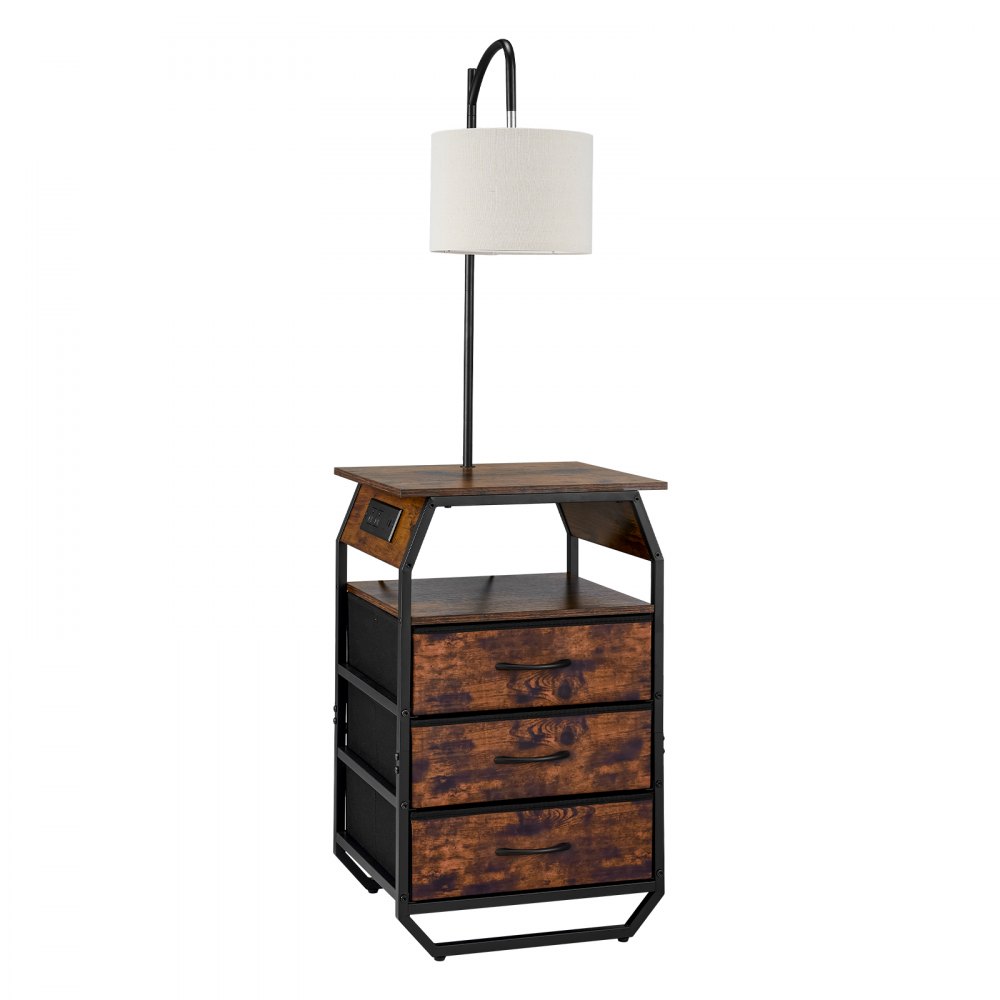 VEVOR Floor Lamp with Table, 2-Tier End Table with 3 Drawers and 3 Color Temperature Lighting, Modern Side Nightstand Bedside Desk with USB & Type C & AC Charging Port for Living Room, Bedroom, Dorm