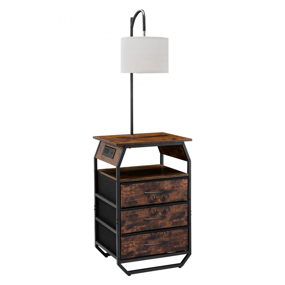 VEVOR Floor Lamp with Table, 2-Tier End Table with 3 Drawers and 3 Color Temperature Lighting, Modern Side Nightstand Bedside Desk with USB & Type C & AC Charging Port for Living Room, Bedroom, Dorm
