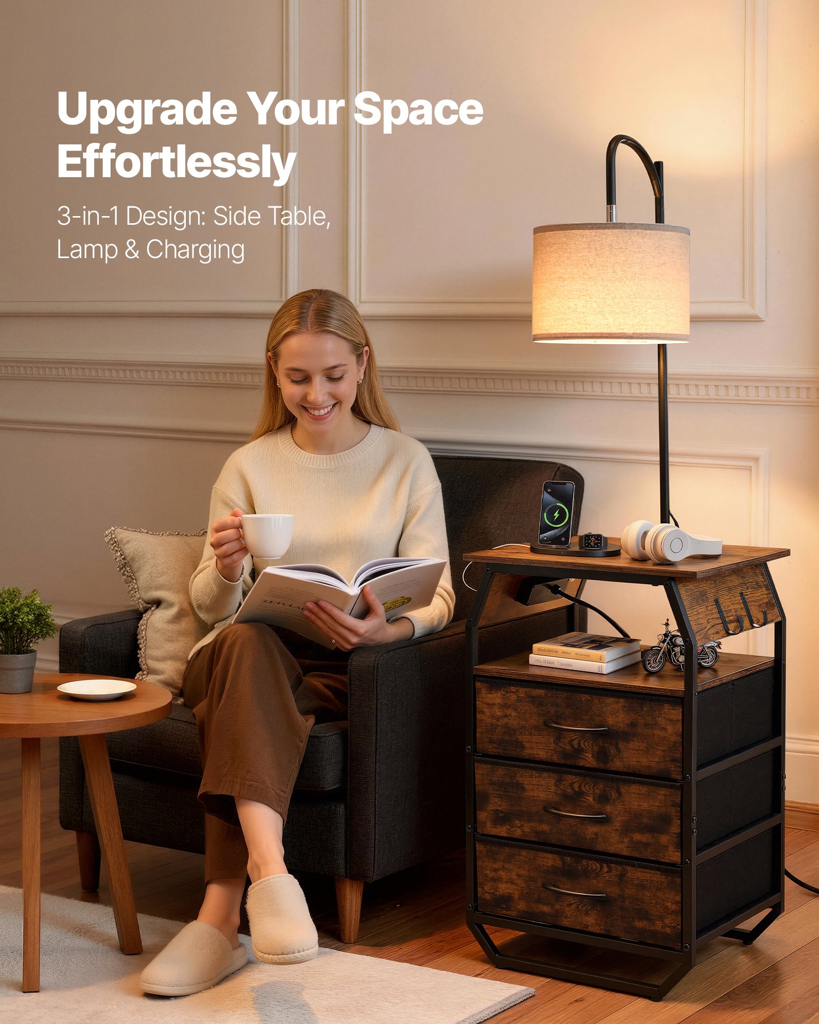 VEVOR Floor Lamp with Table, 2-Tier End Table with 3 Drawers and 3 Color Temperature Lighting, Modern Side Nightstand Bedside Desk with USB & Type C & AC Charging Port for Living Room, Bedroom, Dorm