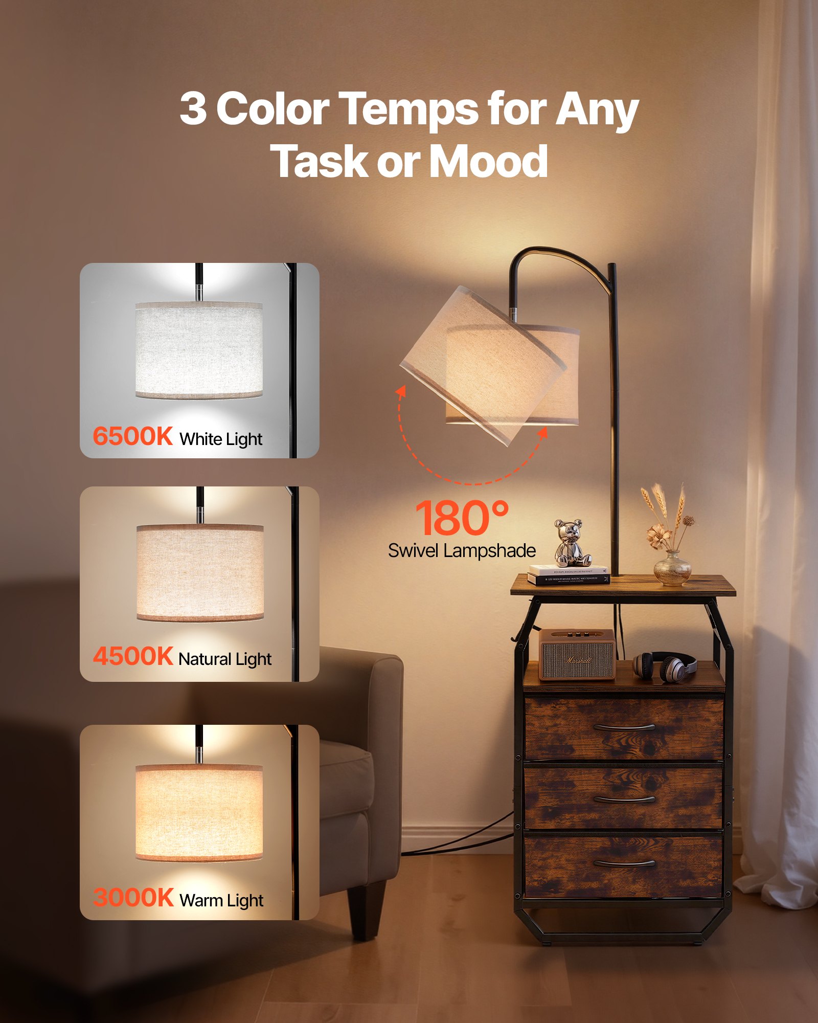 VEVOR Floor Lamp with Table, 2-Tier End Table with 3 Drawers and 3 Color Temperature Lighting, Modern Side Nightstand Bedside Desk with USB & Type C & AC Charging Port for Living Room, Bedroom, Dorm