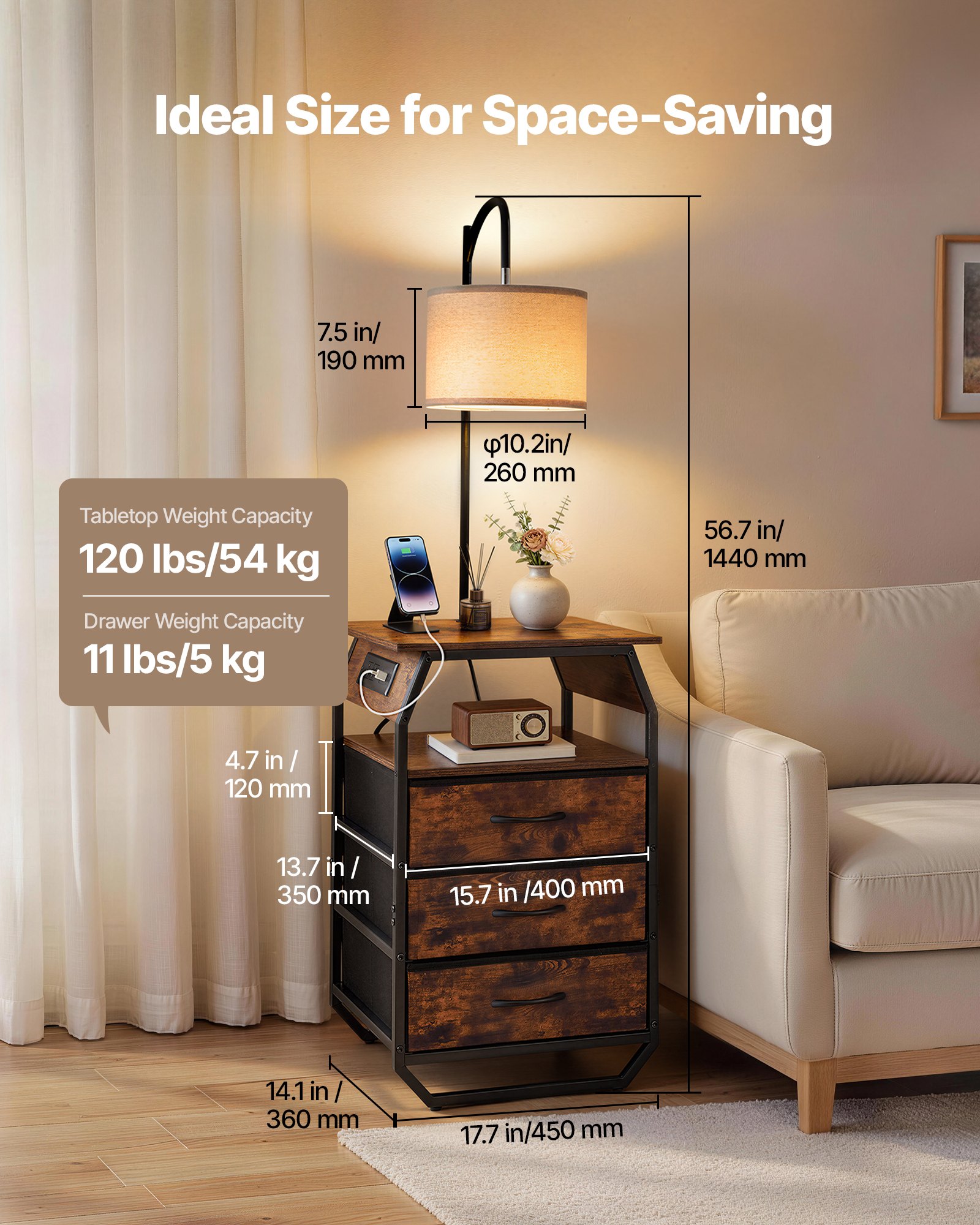 VEVOR Floor Lamp with Table, 2-Tier End Table with 3 Drawers and 3 Color Temperature Lighting, Modern Side Nightstand Bedside Desk with USB & Type C & AC Charging Port for Living Room, Bedroom, Dorm