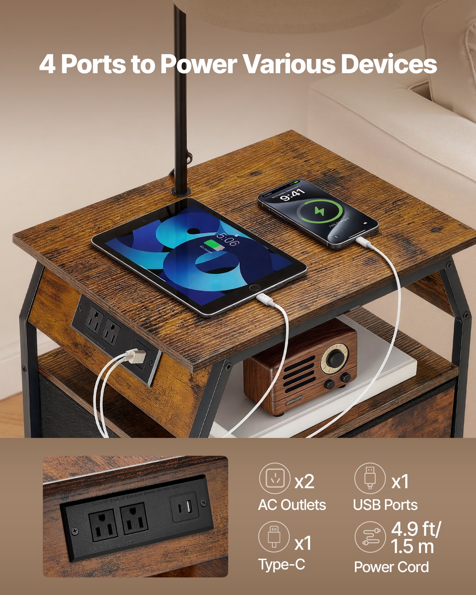 VEVOR Floor Lamp with Table, 2-Tier End Table with 3 Drawers and 3 Color Temperature Lighting, Modern Side Nightstand Bedside Desk with USB & Type C & AC Charging Port for Living Room, Bedroom, Dorm