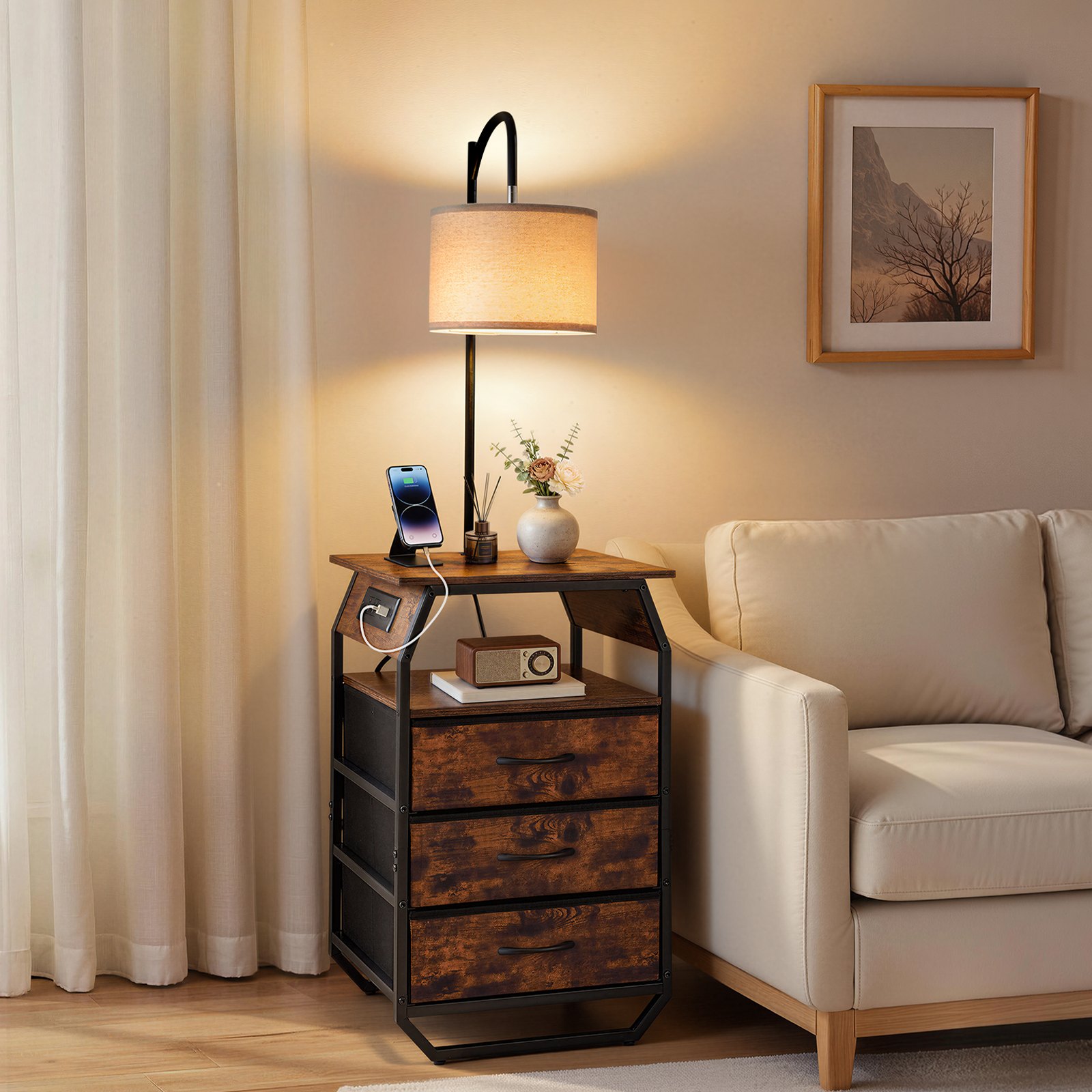 VEVOR Floor Lamp with Table, 2-Tier End Table with 3 Drawers and 3 Color Temperature Lighting, Modern Side Nightstand Bedside Desk with USB & Type C & AC Charging Port for Living Room, Bedroom, Dorm