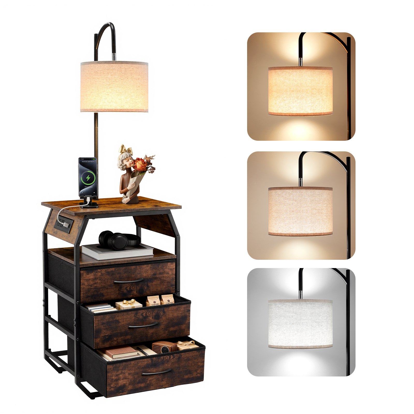 VEVOR Floor Lamp with Table, 2-Tier End Table with 3 Drawers and 3 Color Temperature Lighting, Modern Side Nightstand Bedside Desk with USB & Type C & AC Charging Port for Living Room, Bedroom, Dorm