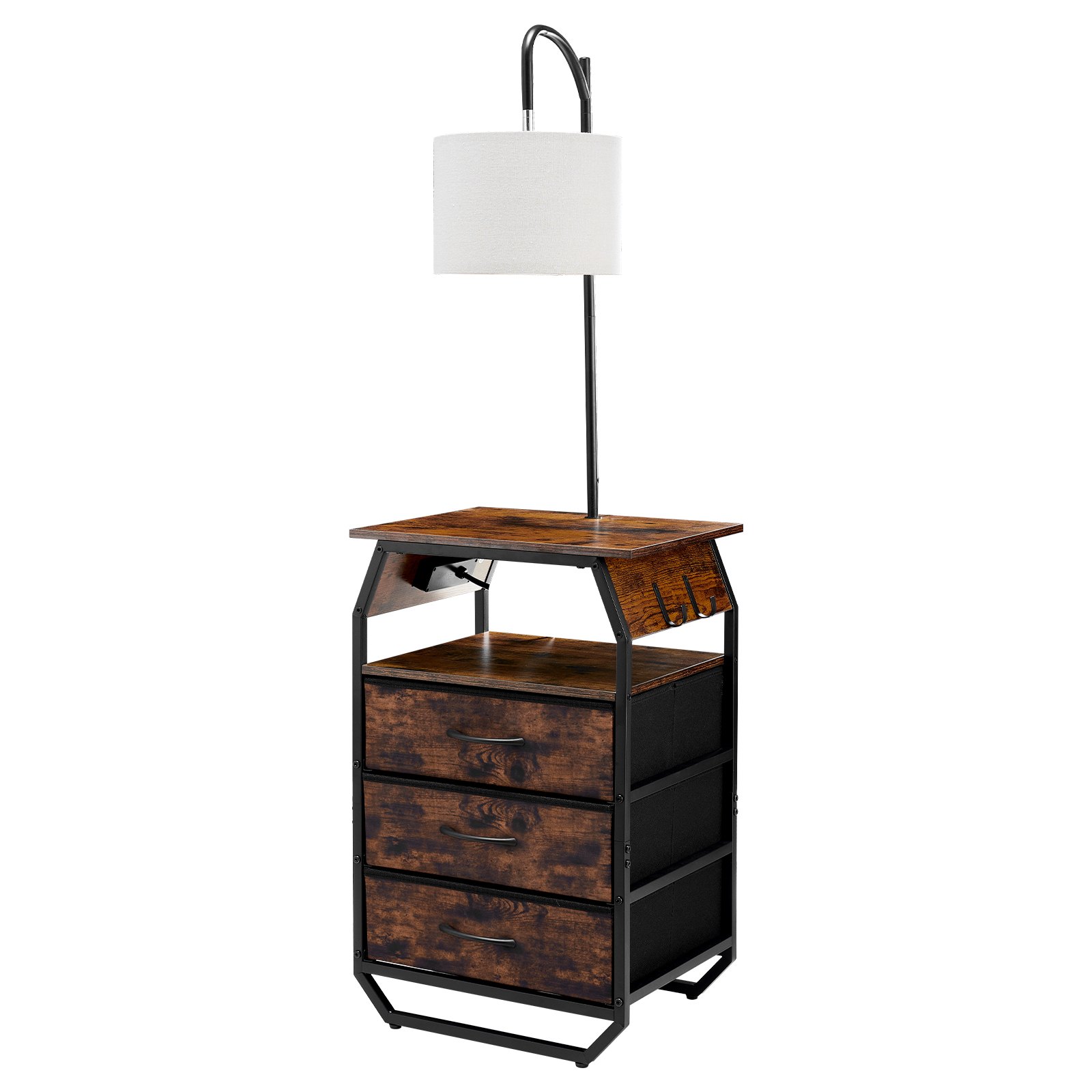 VEVOR Floor Lamp with Table, 2-Tier End Table with 3 Drawers and 3 Color Temperature Lighting, Modern Side Nightstand Bedside Desk with USB & Type C & AC Charging Port for Living Room, Bedroom, Dorm