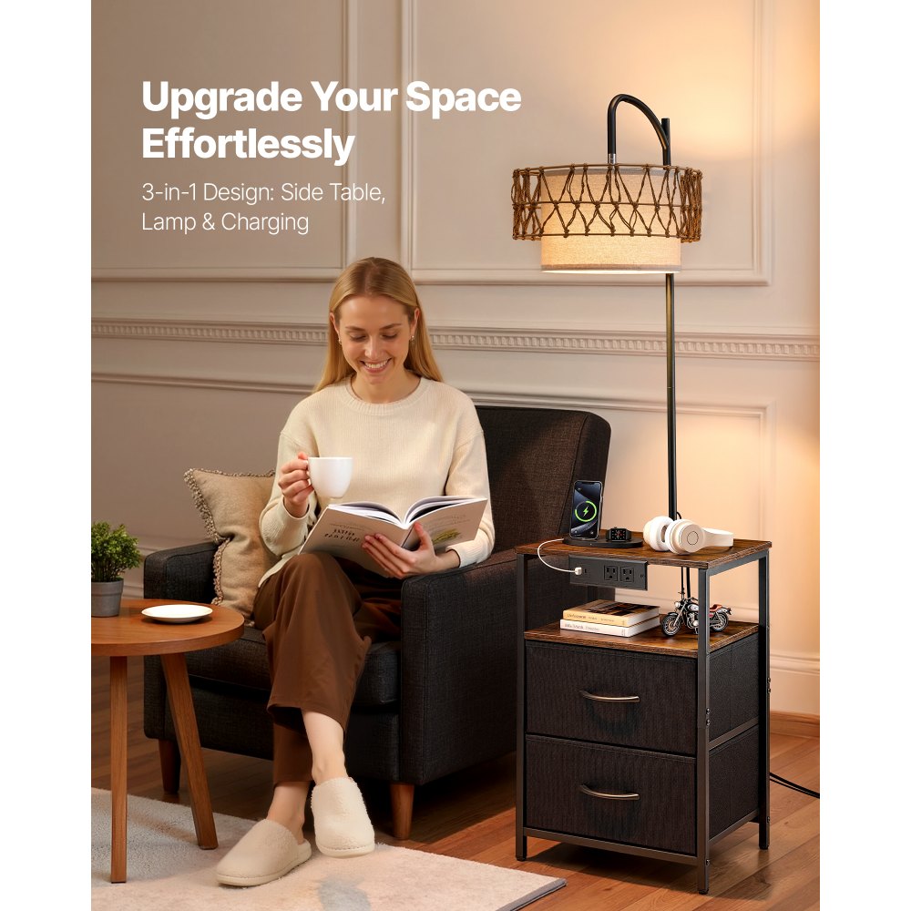 VEVOR Floor Lamp with Table, 2-Tier End Table with 2 Drawers and 3 Color Temperature LED Bulb, Modern Side Nightstand Bedside Desk with USB & Type C & AC Charging Port for Living Room, Bedroom, Dorm