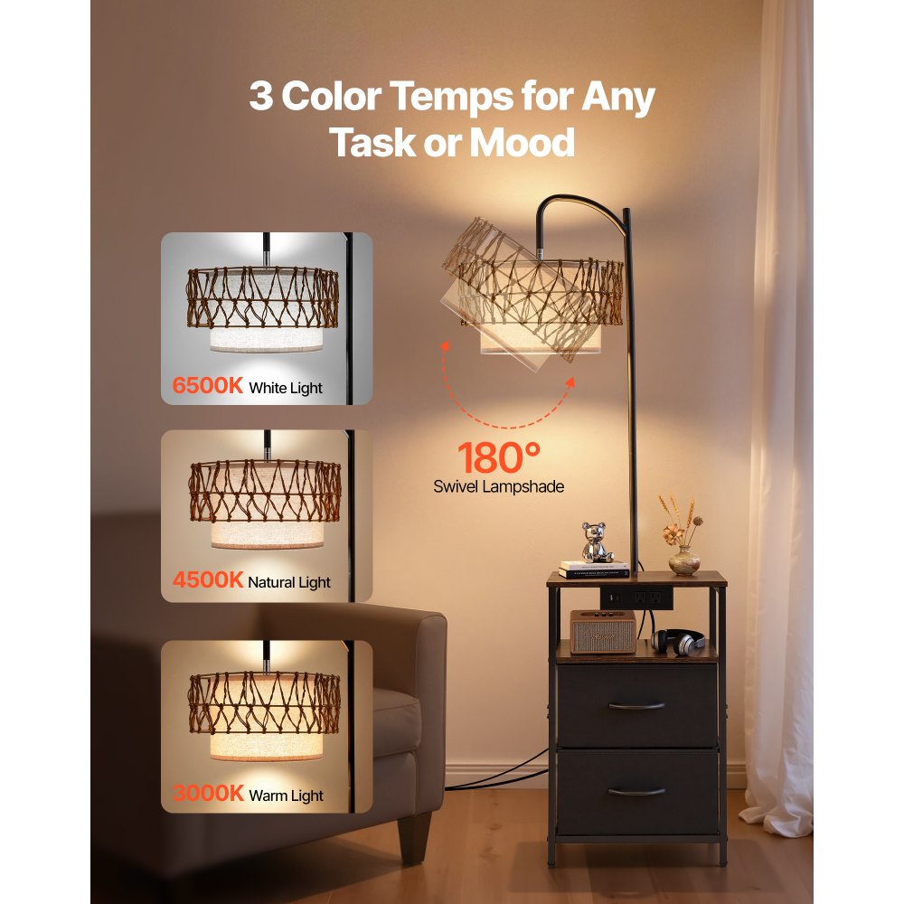 VEVOR Floor Lamp with Table, 2-Tier End Table with 2 Drawers and 3 Color Temperature LED Bulb, Modern Side Nightstand Bedside Desk with USB & Type C & AC Charging Port for Living Room, Bedroom, Dorm