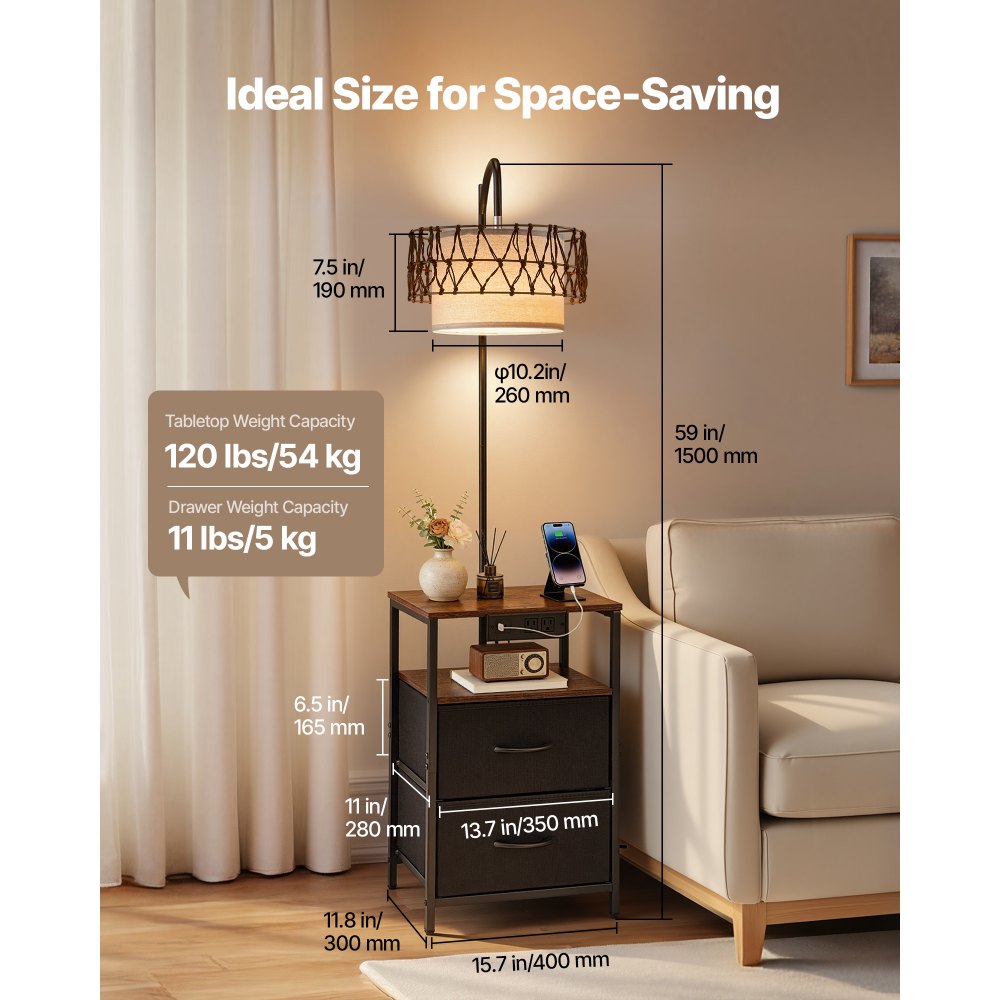 VEVOR Floor Lamp with Table, 2-Tier End Table with 2 Drawers and 3 Color Temperature LED Bulb, Modern Side Nightstand Bedside Desk with USB & Type C & AC Charging Port for Living Room, Bedroom, Dorm