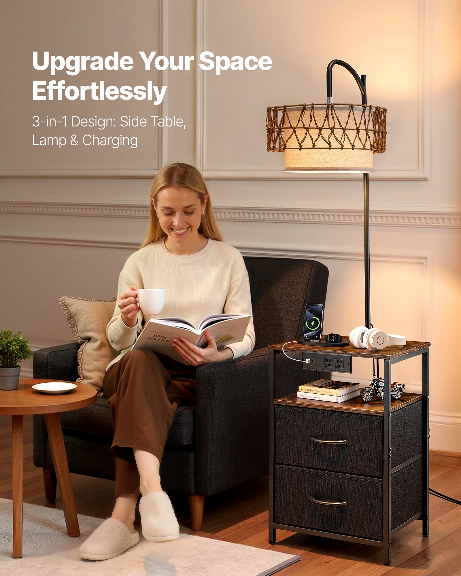 VEVOR Floor Lamp with Table, 2-Tier End Table with 2 Drawers and 3 Color Temperature LED Bulb, Modern Side Nightstand Bedside Desk with USB & Type C & AC Charging Port for Living Room, Bedroom, Dorm