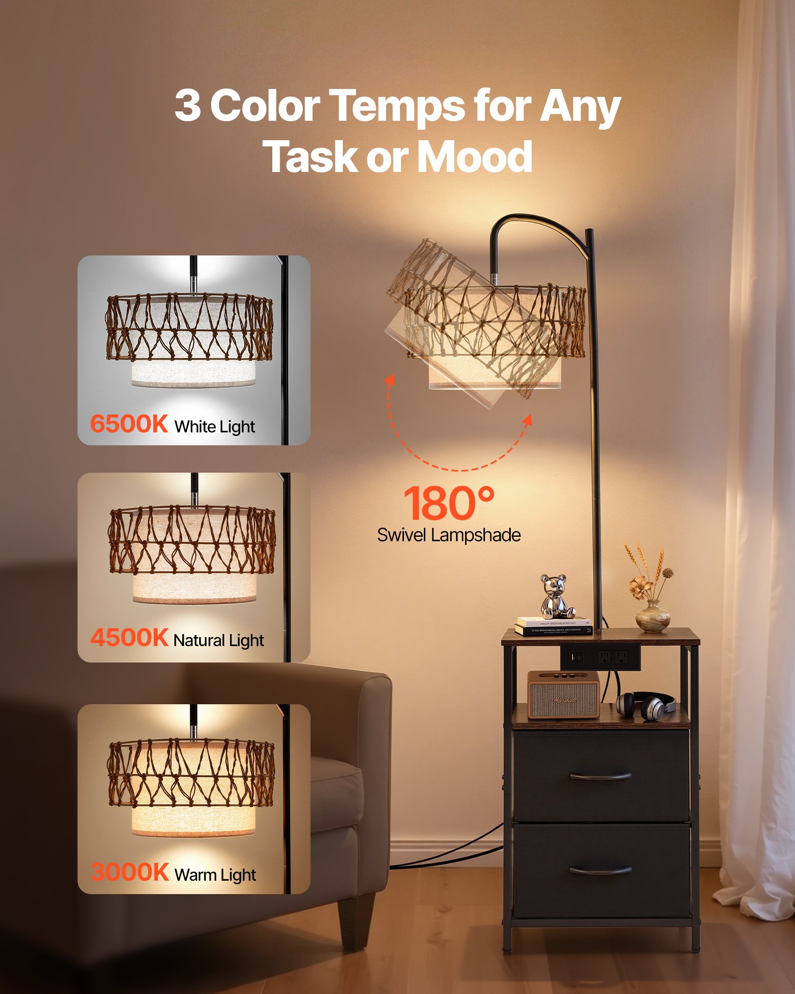 VEVOR Floor Lamp with Table, 2-Tier End Table with 2 Drawers and 3 Color Temperature LED Bulb, Modern Side Nightstand Bedside Desk with USB & Type C & AC Charging Port for Living Room, Bedroom, Dorm