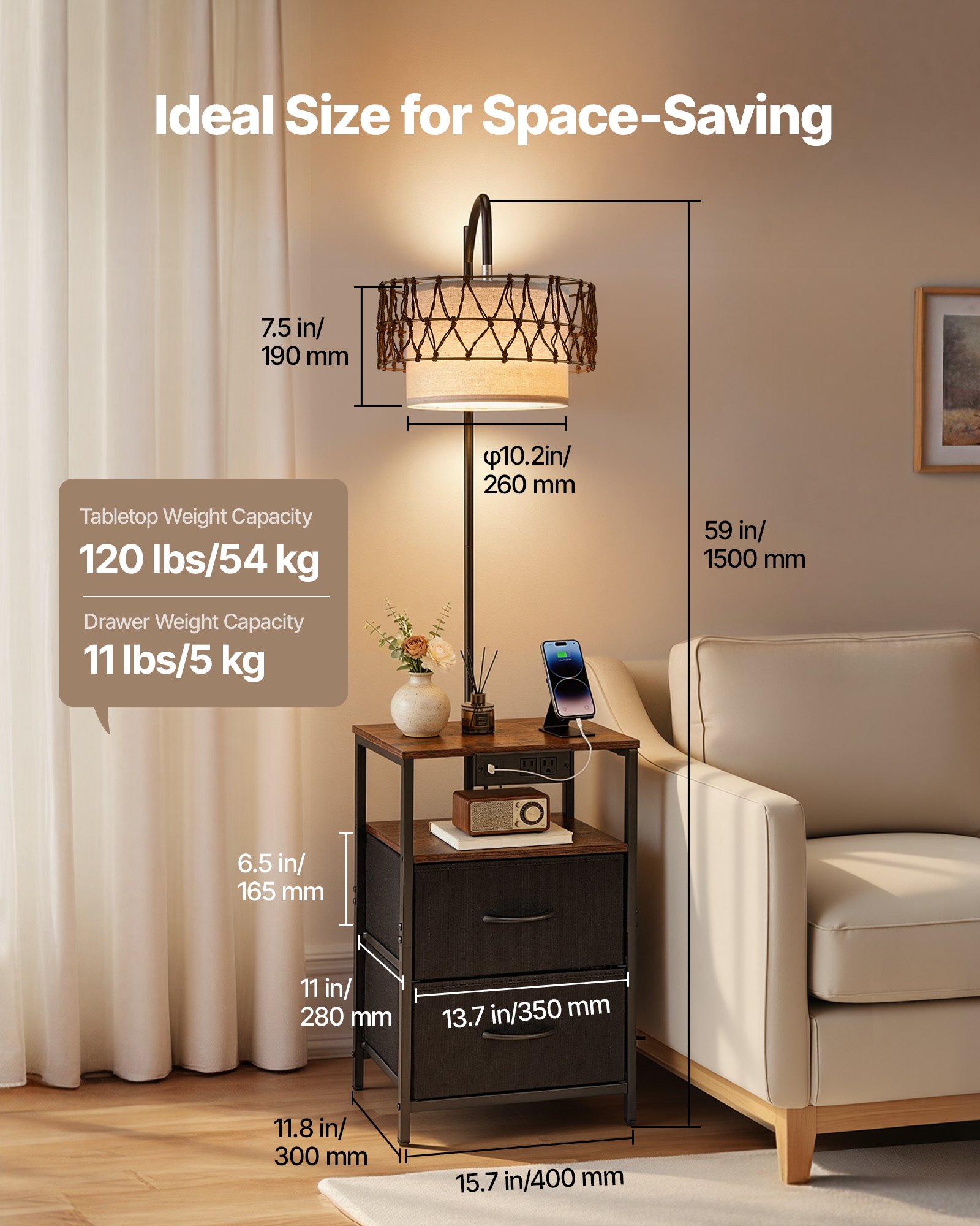 VEVOR Floor Lamp with Table, 2-Tier End Table with 2 Drawers and 3 Color Temperature LED Bulb, Modern Side Nightstand Bedside Desk with USB & Type C & AC Charging Port for Living Room, Bedroom, Dorm