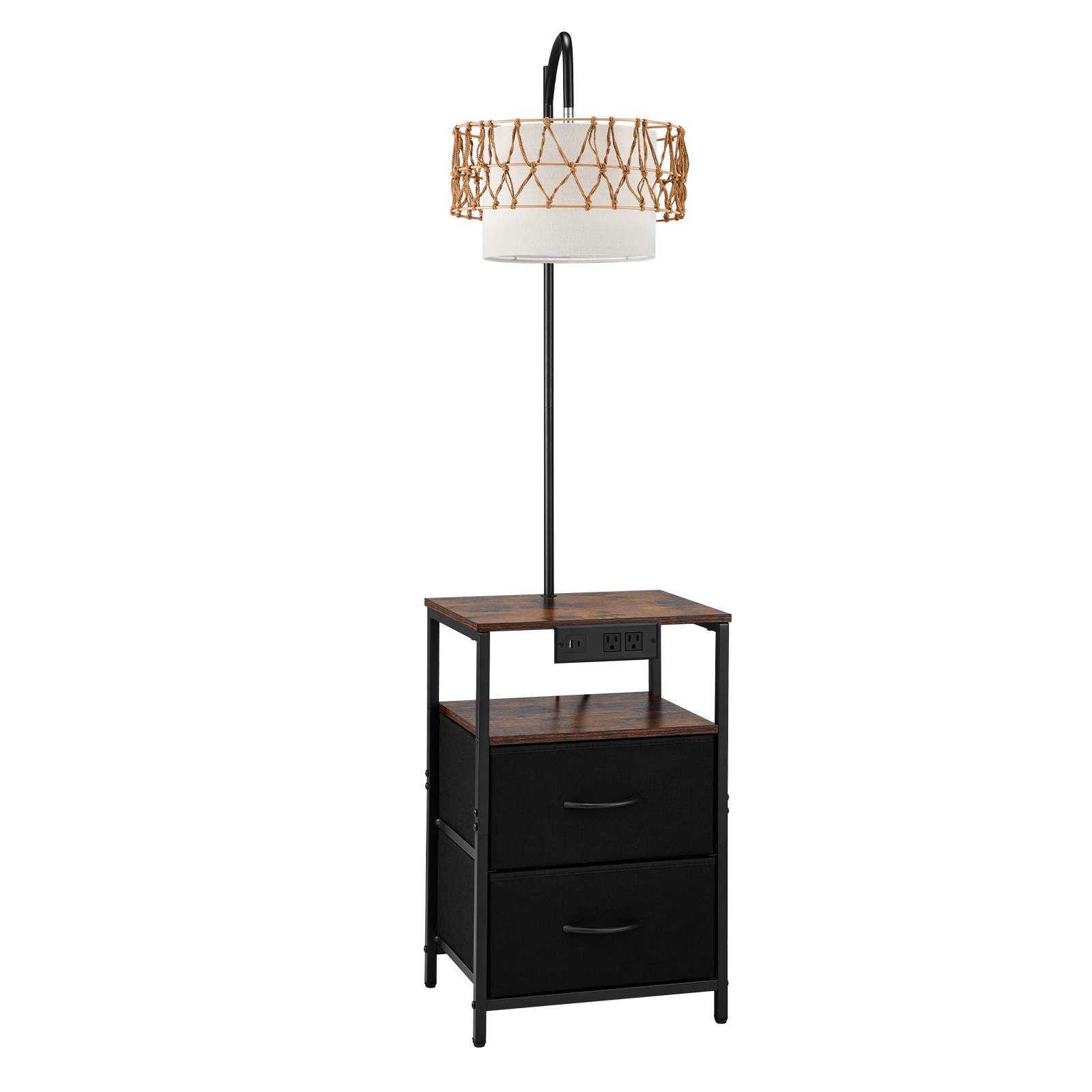 VEVOR Floor Lamp with Table, 2-Tier End Table with 2 Drawers and 3 Color Temperature LED Bulb, Modern Side Nightstand Bedside Desk with USB & Type C & AC Charging Port for Living Room, Bedroom, Dorm