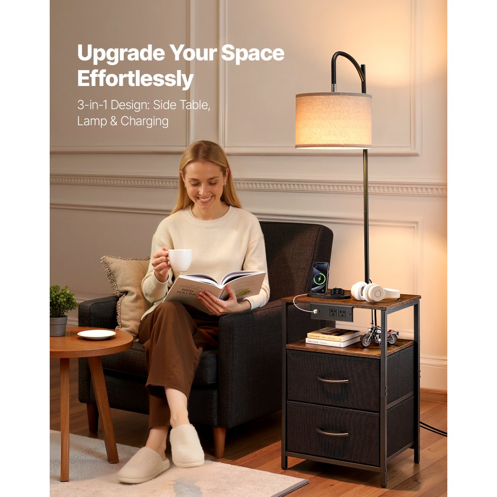 VEVOR Floor Lamp with Table, 2-Tier End Table with 2 Drawers and 3 Color Temperature Lighting, Modern Side Nightstand Bedside Desk with USB & Type C & AC Charging Port for Living Room, Bedroom, Dorm
