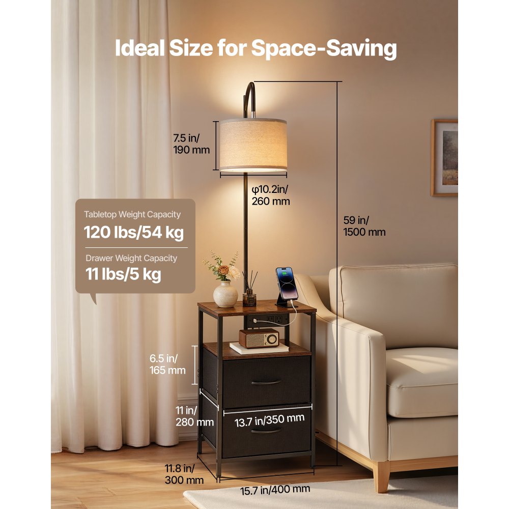 VEVOR Floor Lamp with Table, 2-Tier End Table with 2 Drawers and 3 Color Temperature Lighting, Modern Side Nightstand Bedside Desk with USB & Type C & AC Charging Port for Living Room, Bedroom, Dorm