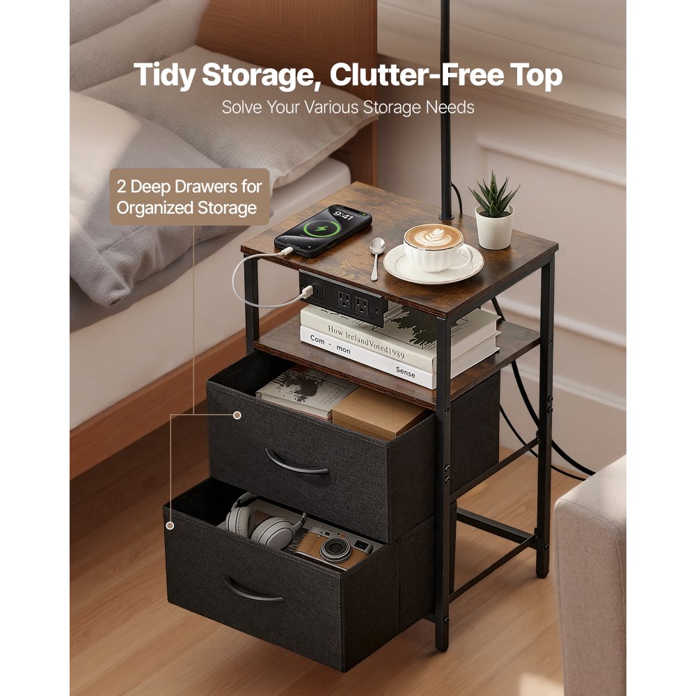 VEVOR Floor Lamp with Table, 2-Tier End Table with 2 Drawers and 3 Color Temperature Lighting, Modern Side Nightstand Bedside Desk with USB & Type C & AC Charging Port for Living Room, Bedroom, Dorm