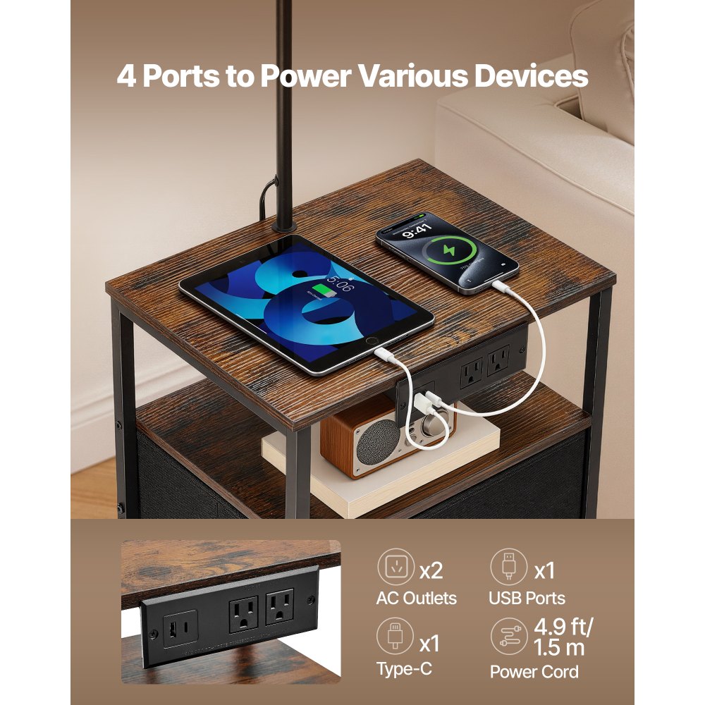 VEVOR Floor Lamp with Table, 2-Tier End Table with 2 Drawers and 3 Color Temperature Lighting, Modern Side Nightstand Bedside Desk with USB & Type C & AC Charging Port for Living Room, Bedroom, Dorm