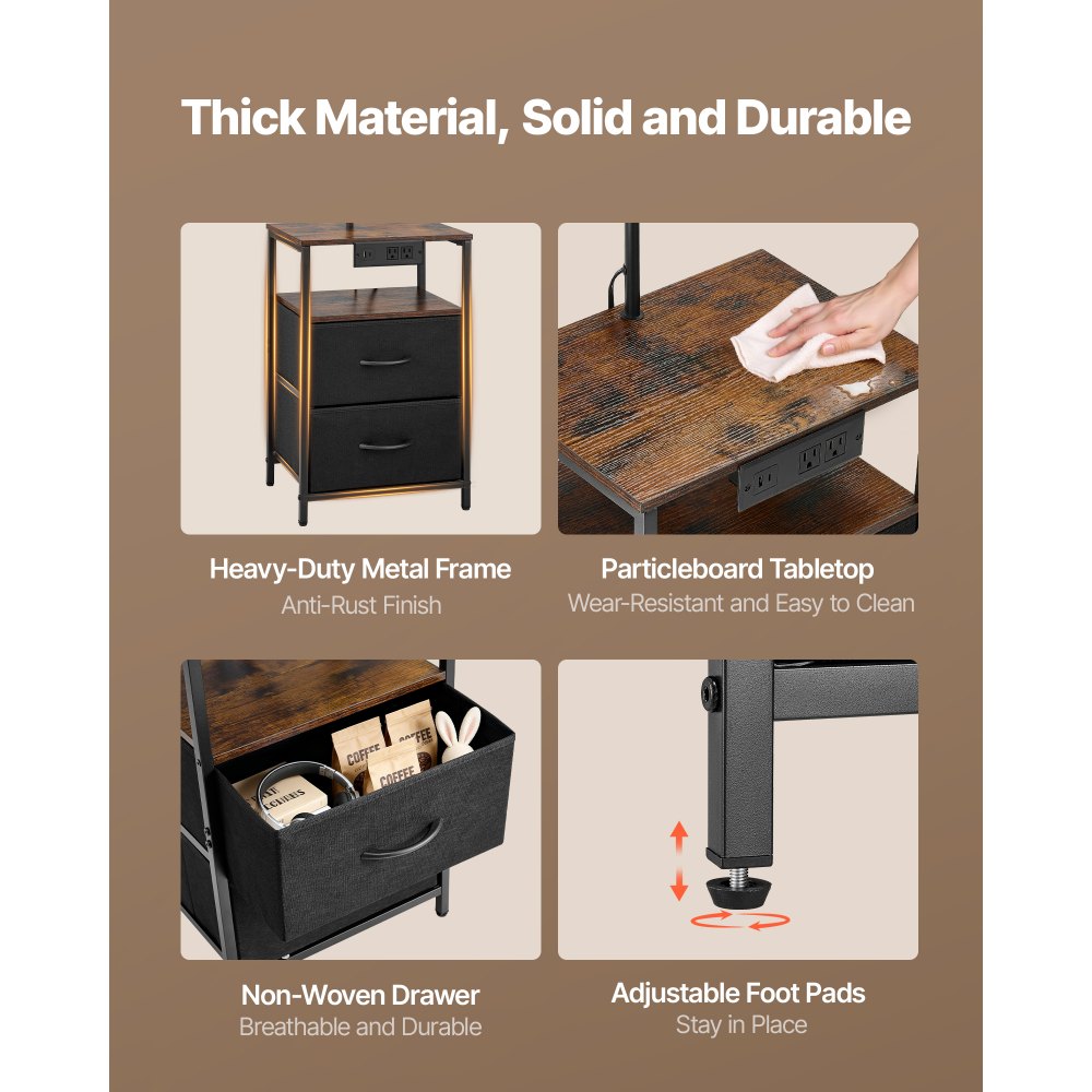 VEVOR Floor Lamp with Table, 2-Tier End Table with 2 Drawers and 3 Color Temperature Lighting, Modern Side Nightstand Bedside Desk with USB & Type C & AC Charging Port for Living Room, Bedroom, Dorm