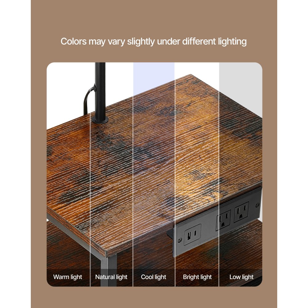 VEVOR Floor Lamp with Table, 2-Tier End Table with 2 Drawers and 3 Color Temperature Lighting, Modern Side Nightstand Bedside Desk with USB & Type C & AC Charging Port for Living Room, Bedroom, Dorm