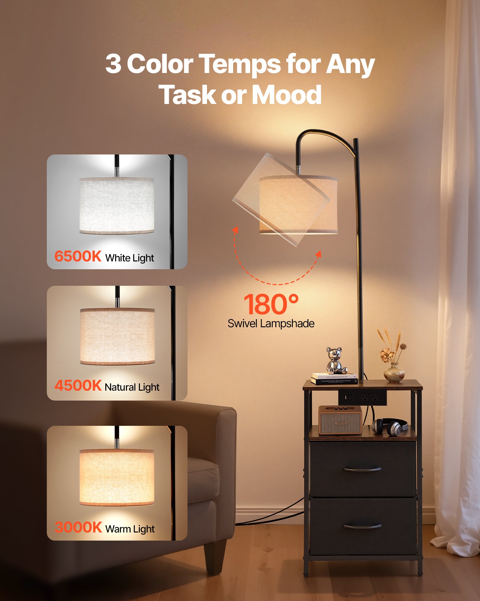 VEVOR Floor Lamp with Table, 2-Tier End Table with 2 Drawers and 3 Color Temperature Lighting, Modern Side Nightstand Bedside Desk with USB & Type C & AC Charging Port for Living Room, Bedroom, Dorm