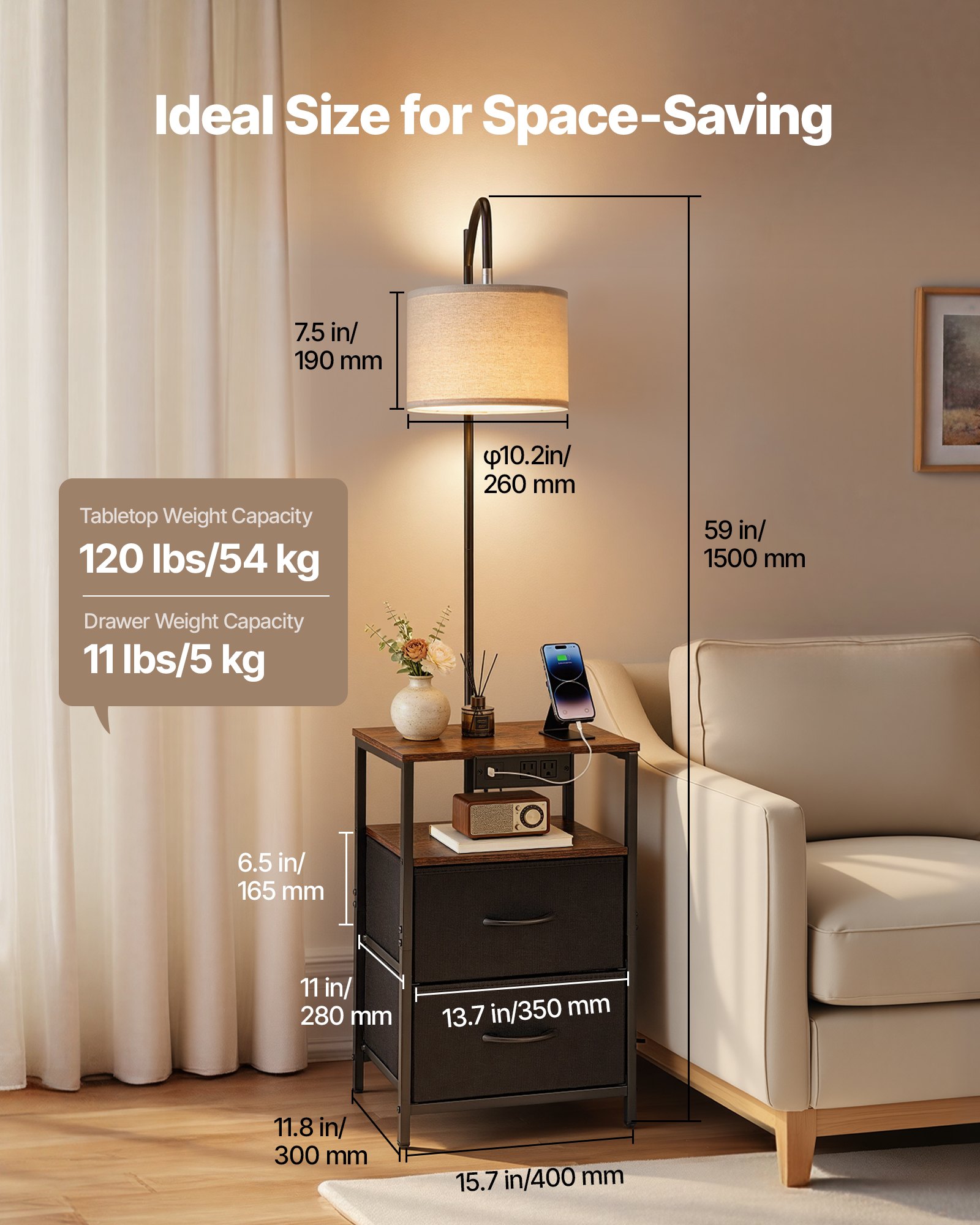 VEVOR Floor Lamp with Table, 2-Tier End Table with 2 Drawers and 3 Color Temperature Lighting, Modern Side Nightstand Bedside Desk with USB & Type C & AC Charging Port for Living Room, Bedroom, Dorm