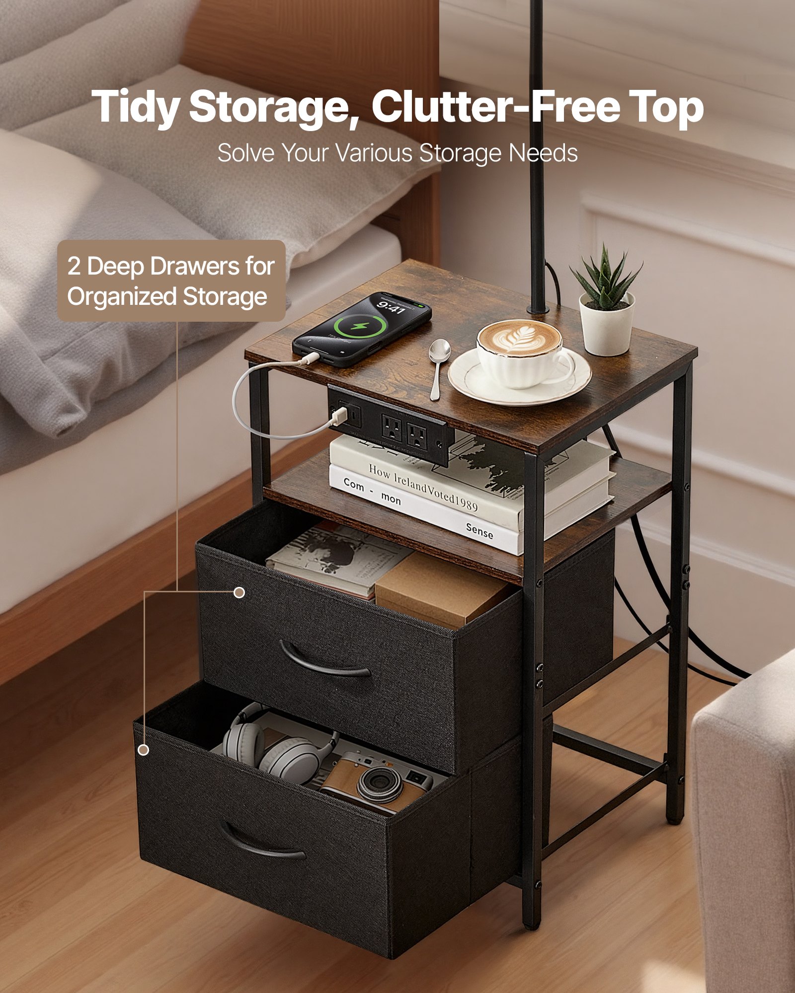 VEVOR Floor Lamp with Table, 2-Tier End Table with 2 Drawers and 3 Color Temperature Lighting, Modern Side Nightstand Bedside Desk with USB & Type C & AC Charging Port for Living Room, Bedroom, Dorm