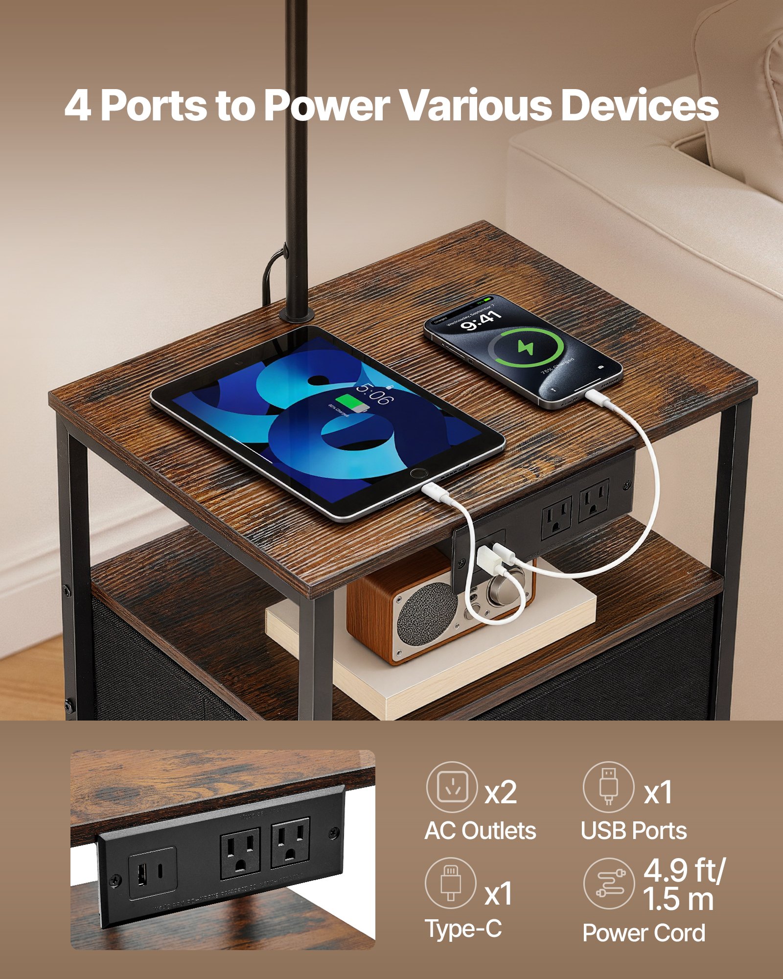 VEVOR Floor Lamp with Table, 2-Tier End Table with 2 Drawers and 3 Color Temperature Lighting, Modern Side Nightstand Bedside Desk with USB & Type C & AC Charging Port for Living Room, Bedroom, Dorm