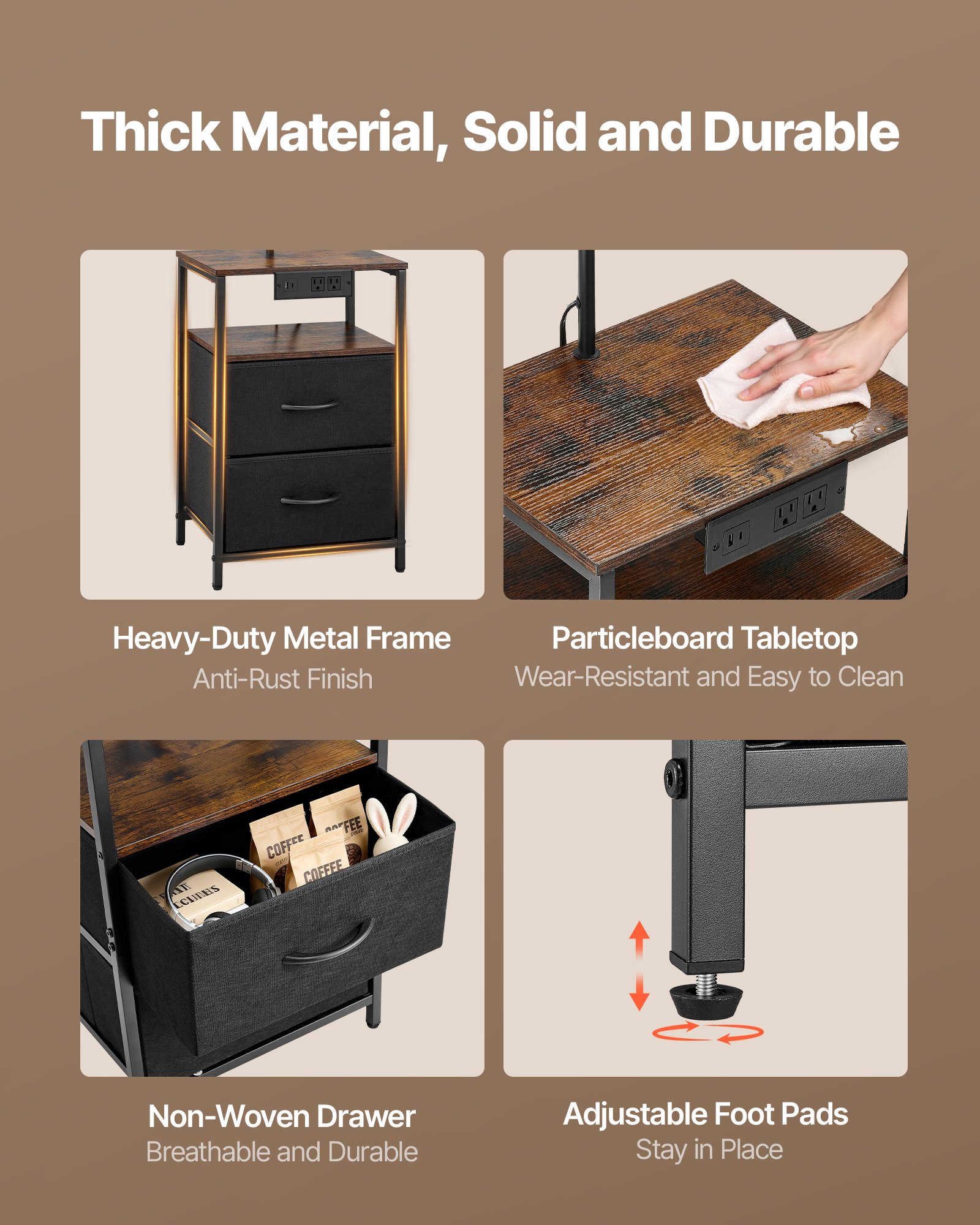 VEVOR Floor Lamp with Table, 2-Tier End Table with 2 Drawers and 3 Color Temperature Lighting, Modern Side Nightstand Bedside Desk with USB & Type C & AC Charging Port for Living Room, Bedroom, Dorm