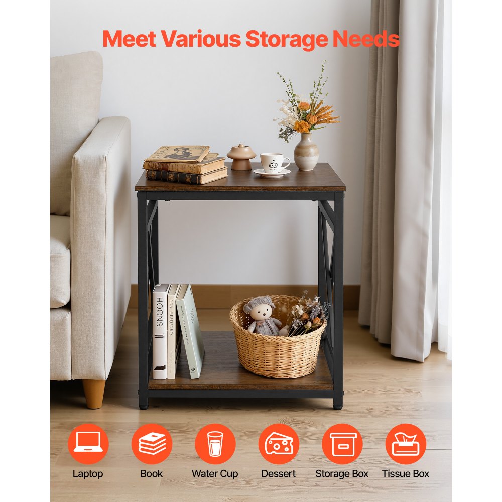 VEVOR End Table, 2-Tier Square Side Table with Open Storage Shelves, Modern Nightstand Bedside Desk with X-Design Metal Frame, Wood Sofa Coffee Desk for Living Room, Bedroom, Office, Dorm, Brown