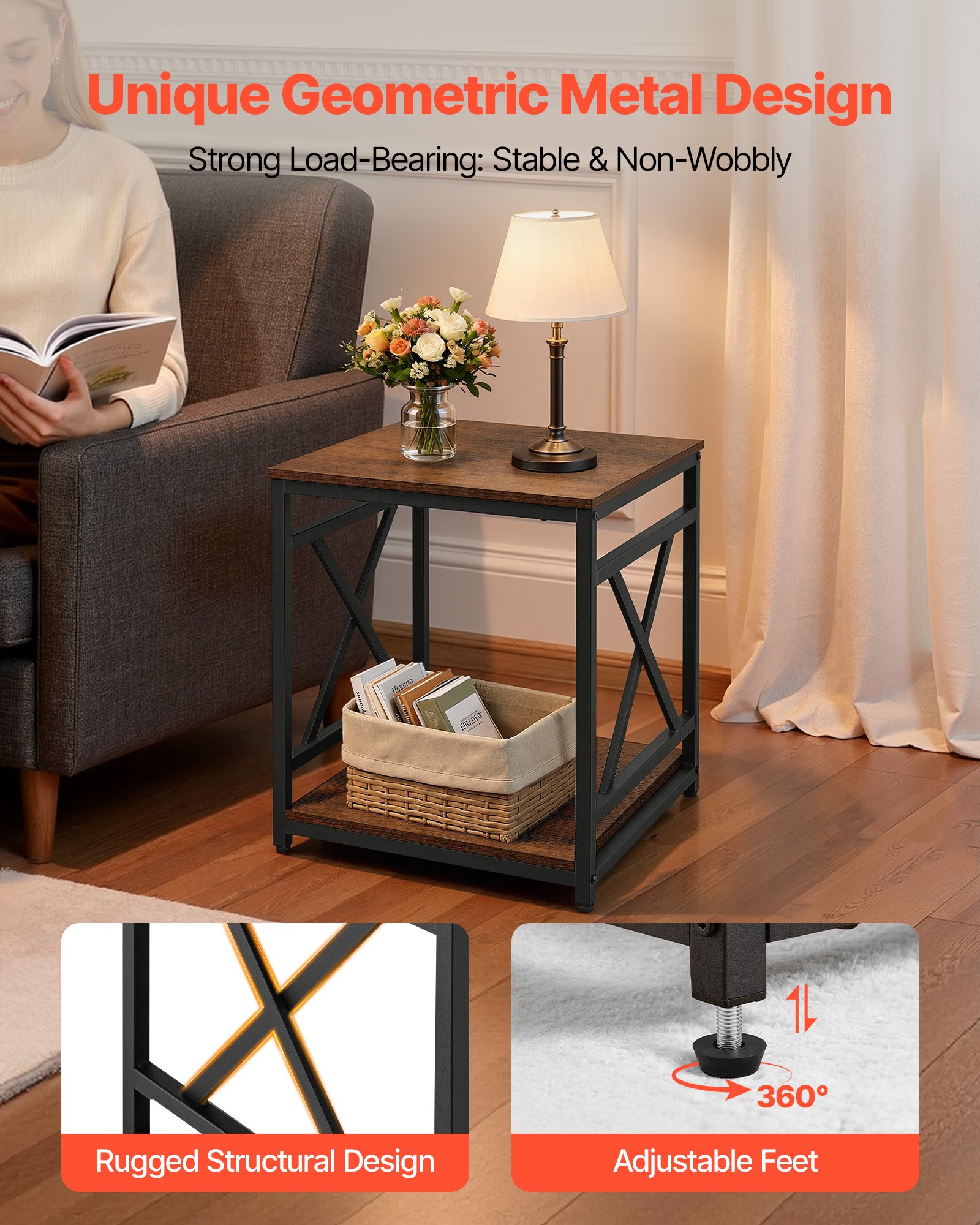 VEVOR End Table, 2-Tier Square Side Table with Open Storage Shelves, Modern Nightstand Bedside Desk with X-Design Metal Frame, Wood Sofa Coffee Desk for Living Room, Bedroom, Office, Dorm, Brown