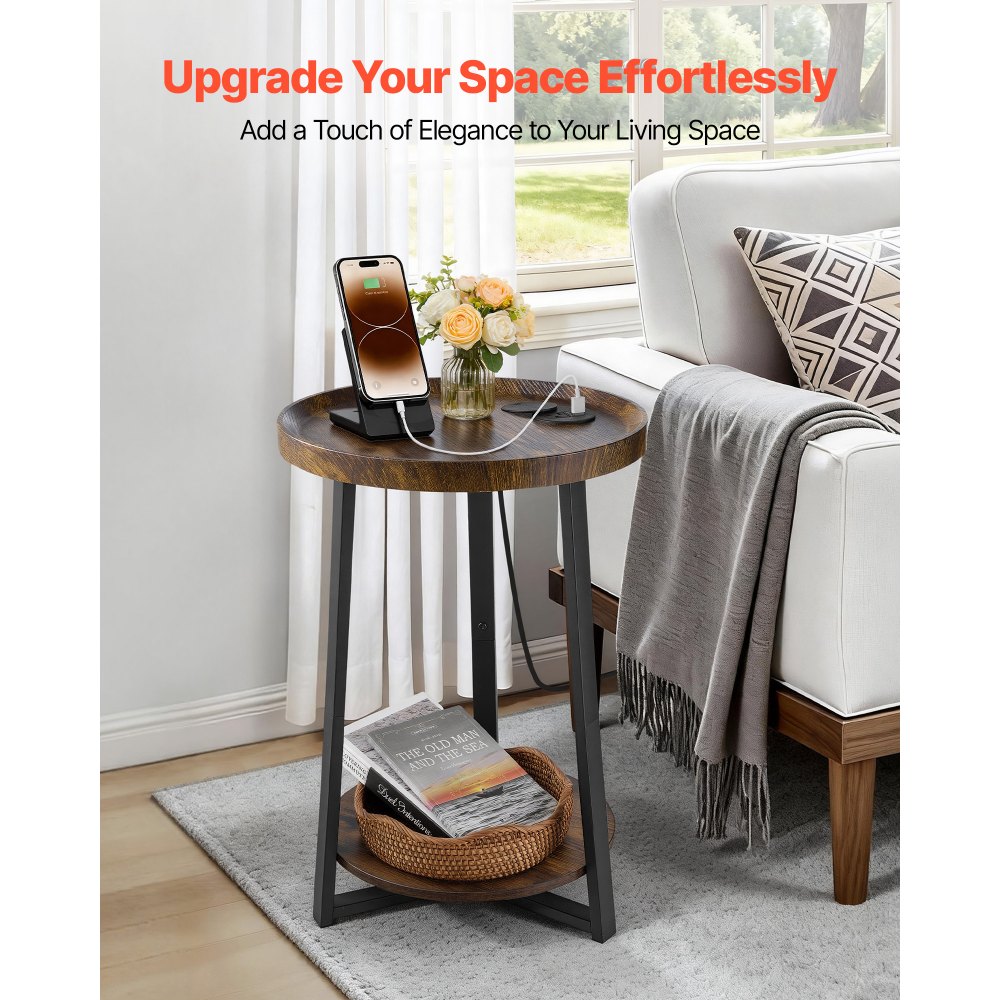 VEVOR End Table, 2-Tier Round Side Table with Open Storage Shelves, Modern Nightstand Bedside Desk with USB & AC Charging Port, Wood Sofa Coffee Desk for Living Room, Bedroom, Office, Dorm, Brown