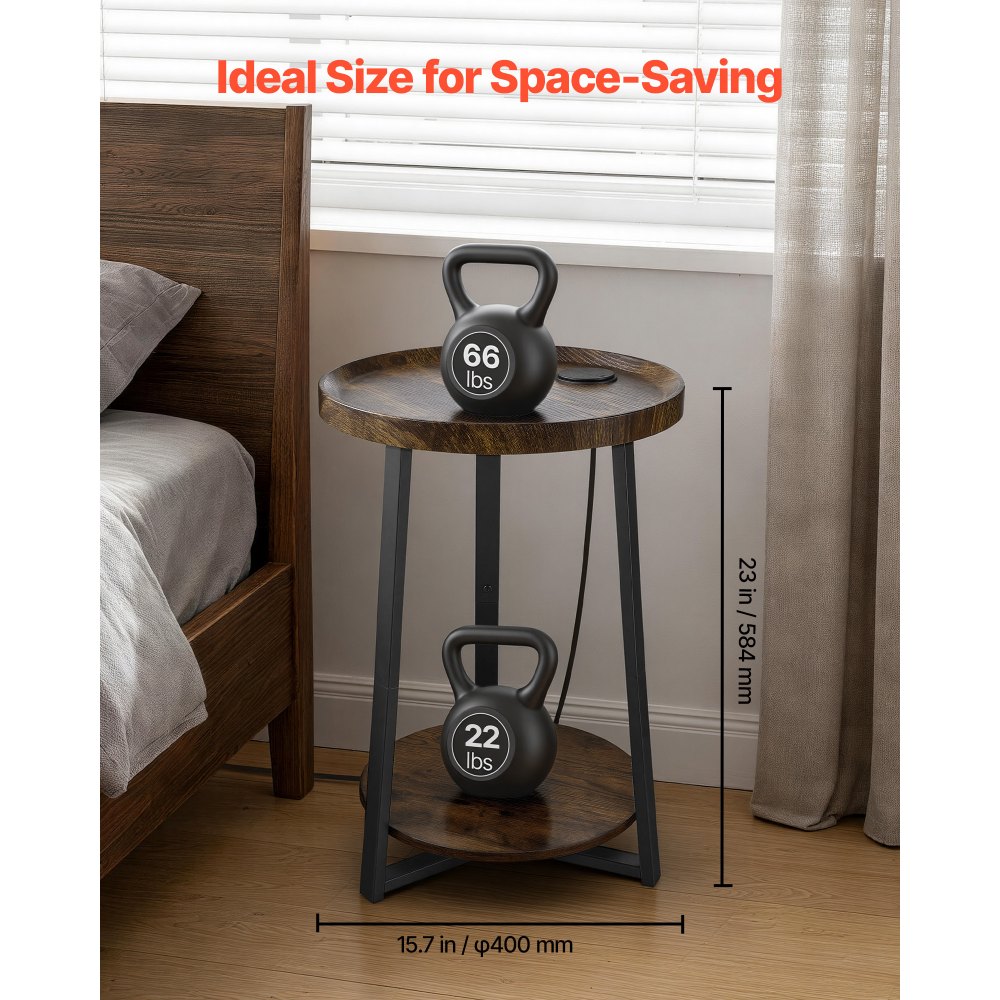 VEVOR End Table, 2-Tier Round Side Table with Open Storage Shelves, Modern Nightstand Bedside Desk with USB & AC Charging Port, Wood Sofa Coffee Desk for Living Room, Bedroom, Office, Dorm, Brown